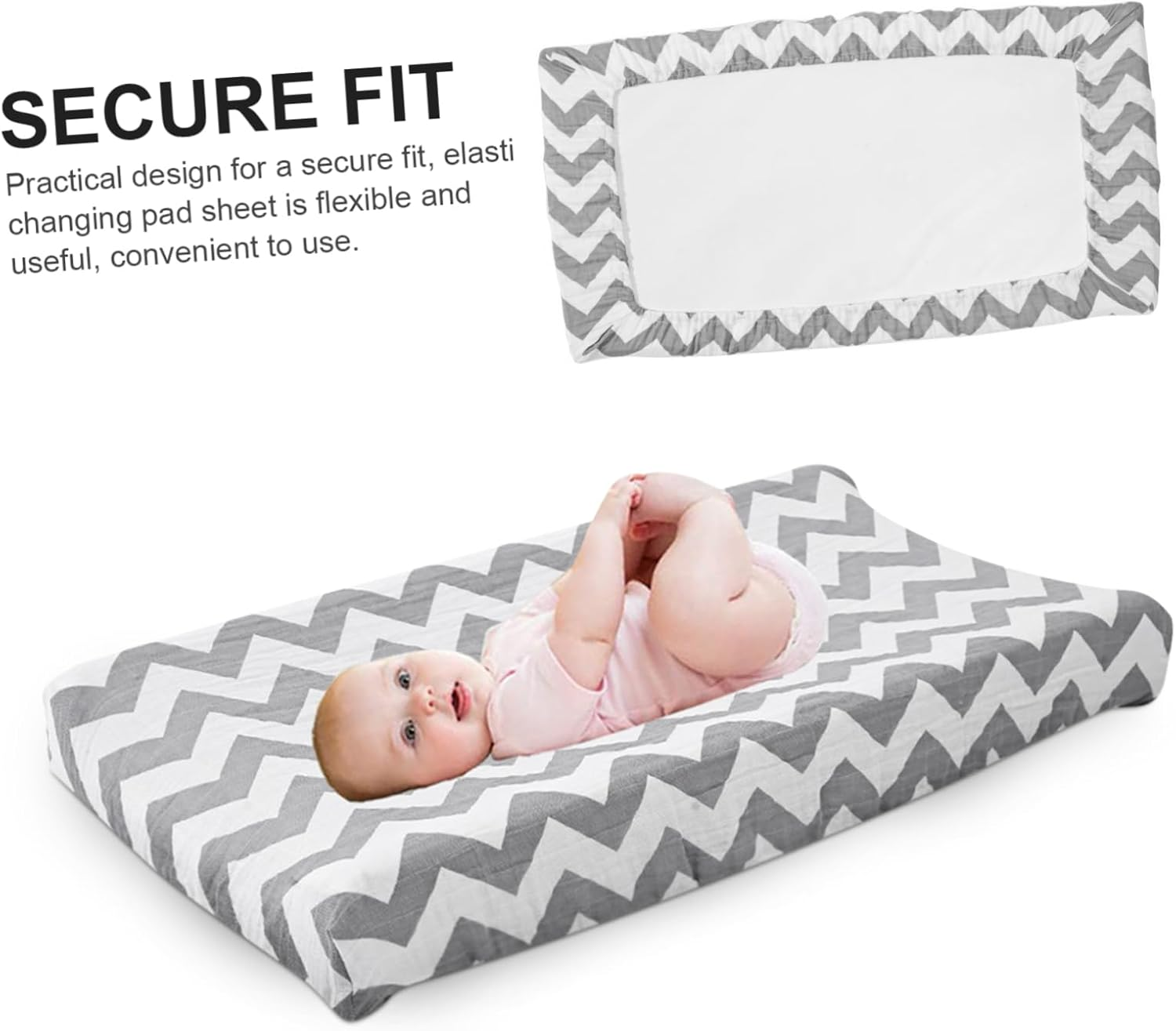 Baby Changing Pad Cover for Boys Washable Cotton Muslin Removable Changing Table Sheet Gray Wave Pattern for Newborn Care