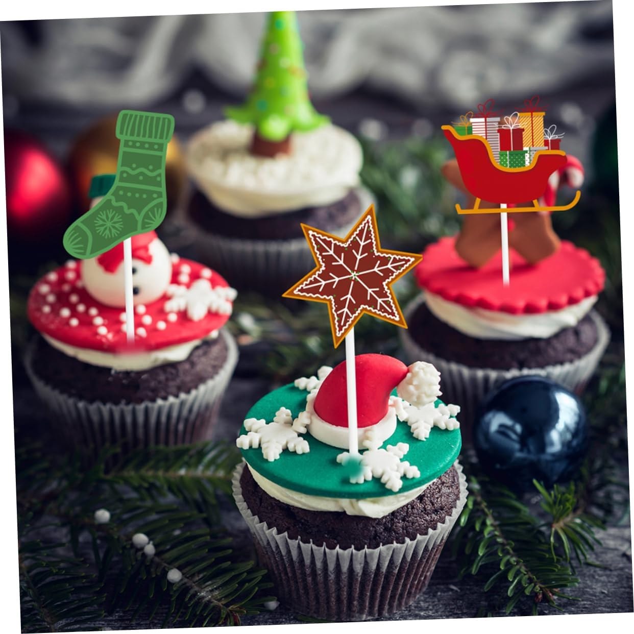 Merry Christmas Themed Cake Decorations Set 2 Pack 24Pcs Cupcake Topper Snowman Reindeer Cupcake Picks Cake Ornaments image number 3