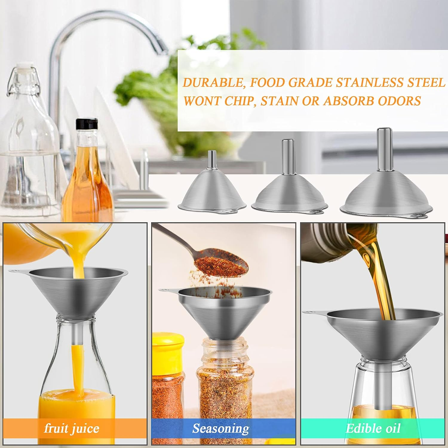 VOPTON 6 Pcs Stainless Steel Mini Funnels for Kitchen Use. Large Tiny Small Funnel Set of 3, Metal Cooking Powder Food Grade Flask Funnels for Filling Bottles Liquor Water Spice, 2Pcs Cleaning Brushes image number 4