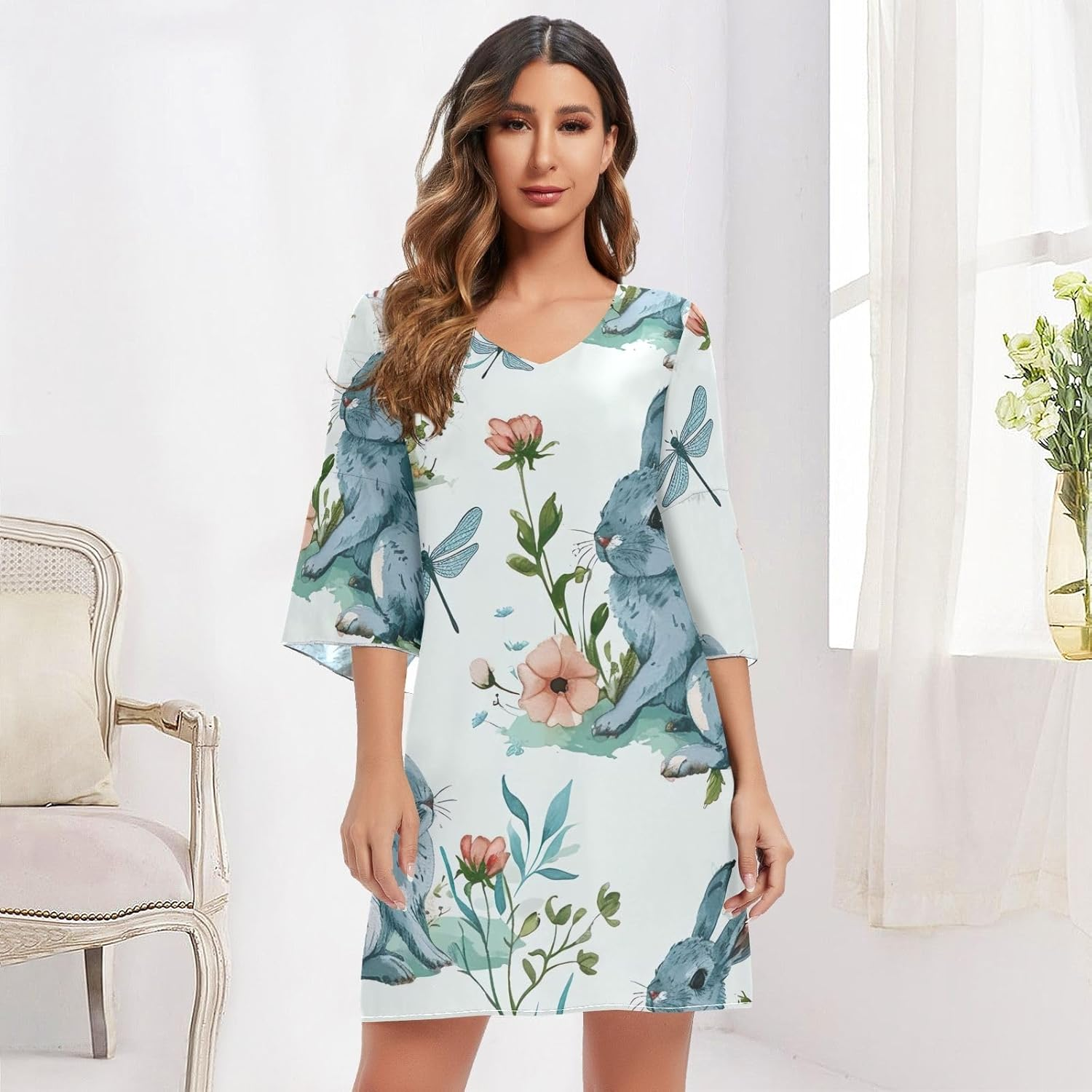 Cute Rabbit Flowers Blue Short Dress Printed Maternity Dress Party S-XXL image number 4