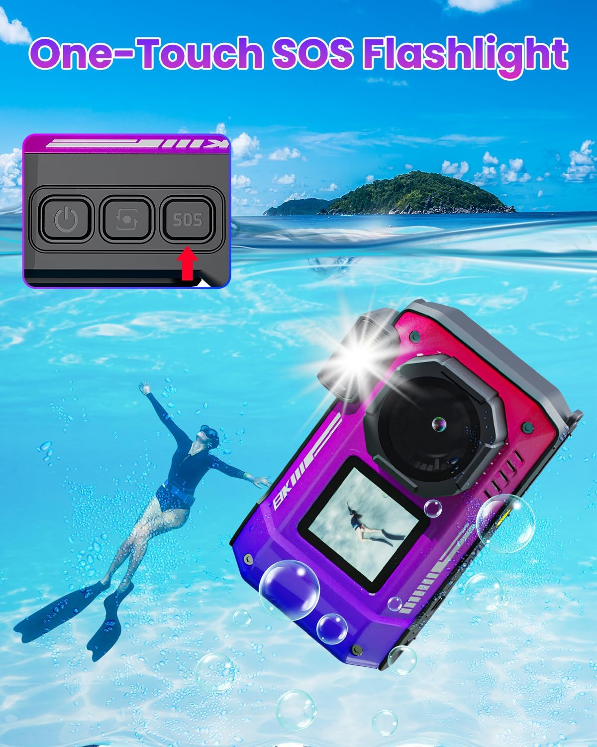 8K 70MP Digital Camera, 33FT Underwater Camera Waterproof Rugged Dustproof Shockproof for Snorkeling Diving, Selfie Dual-Screen Point and Shoot Digital Cameras with 32G Card(Gradient Purple) image number 2