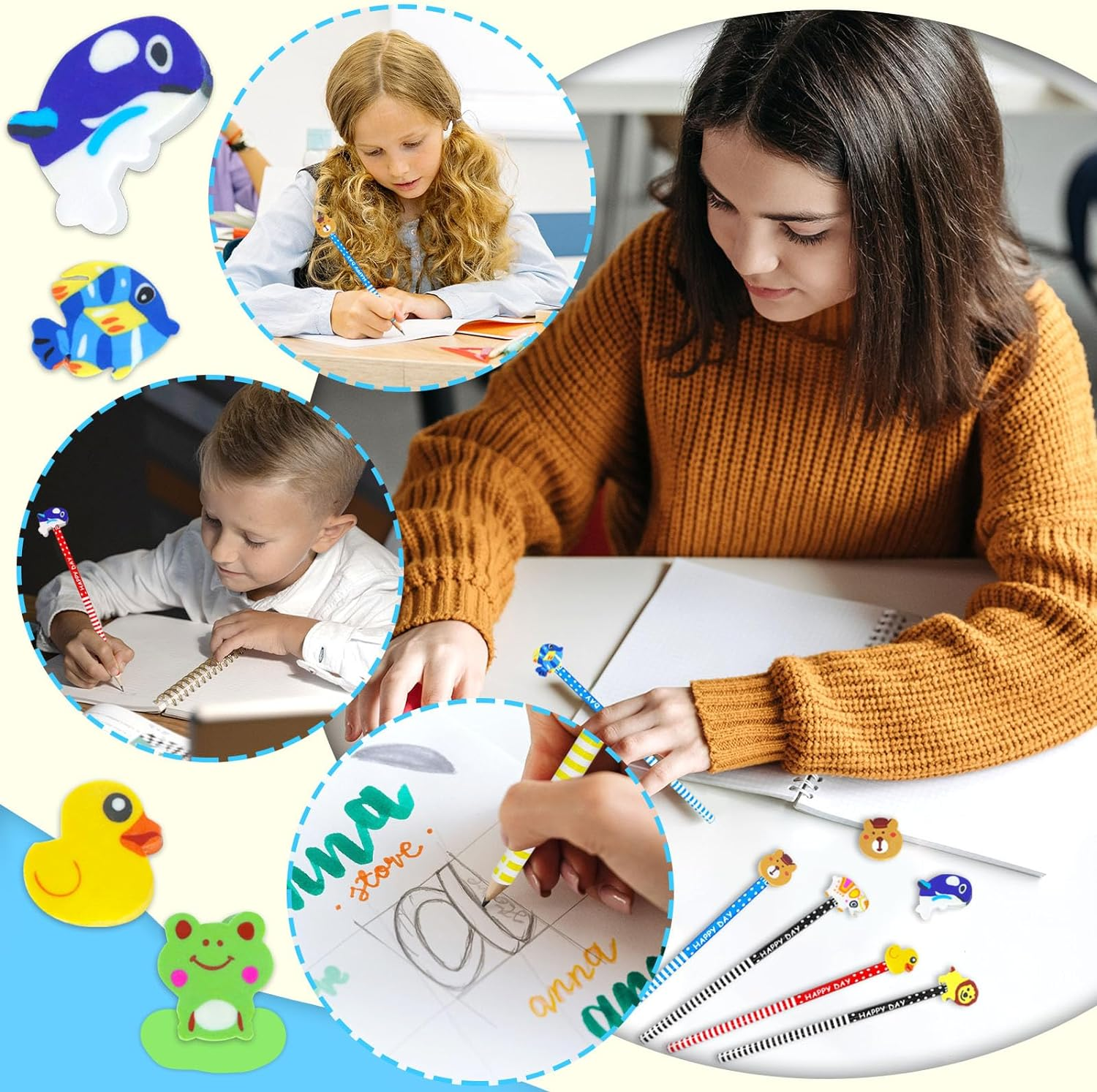 50 Pack Assorted Colorful Cartoon Animal Pencils with Erasers - Fun for Kids, Bulk with Animal Eraser Toppers, Party Favors, Novelty image number 4