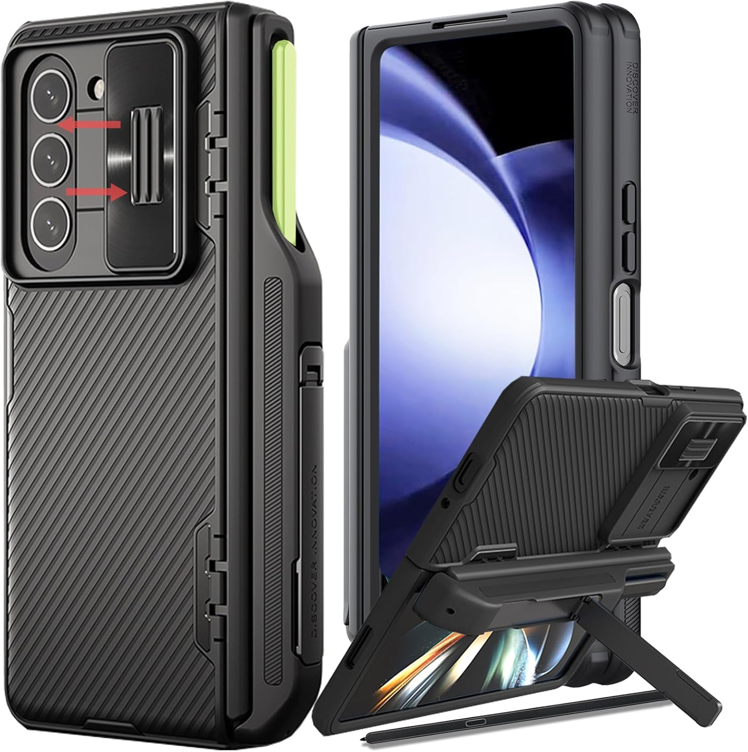 For Samsung Z Fold 5 Case with [S Pen Fold Edition] & Slide Camera Cover & Pen Holder,Hinge Protection with Kickstand Phone Case for Samsung Galaxy Z Fold 5 (Black with Pen)