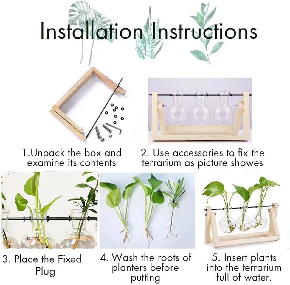 Plant Terrarium Wooden Stand Propagation Stations Glass Hydroponics Bulb Vase Desk Plants Holder for Gardening Office Home Decor 3 Glass Vase image number 3