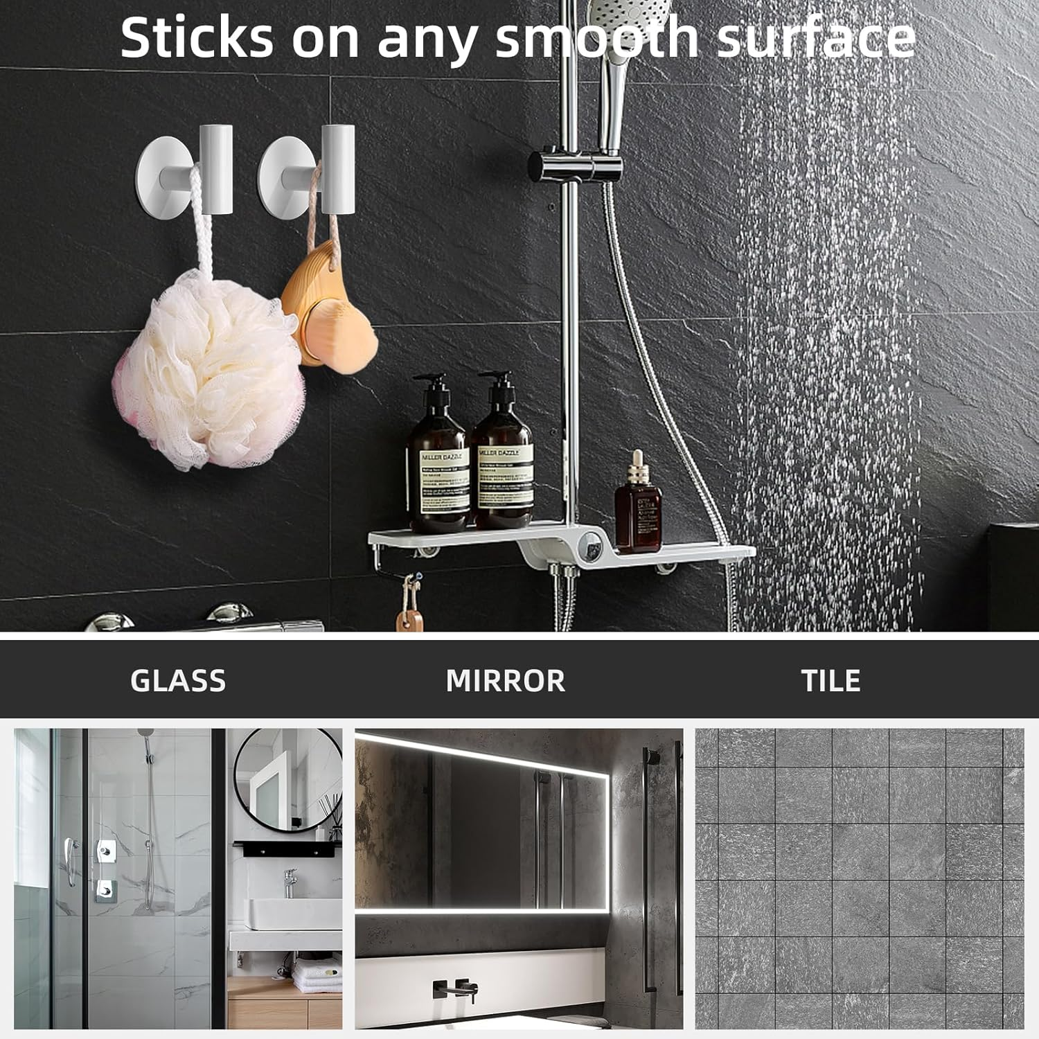 YUET Bath Towel Robe Hooks Self Adhesive No Drilling, Stick on Metal Coat Hooks, SUS 304 Stainless Steel Clothes Holder, Shower Wall Hook for Bathroom Hotel Kitchen Office Closet, 2 Pack (White) image number 6