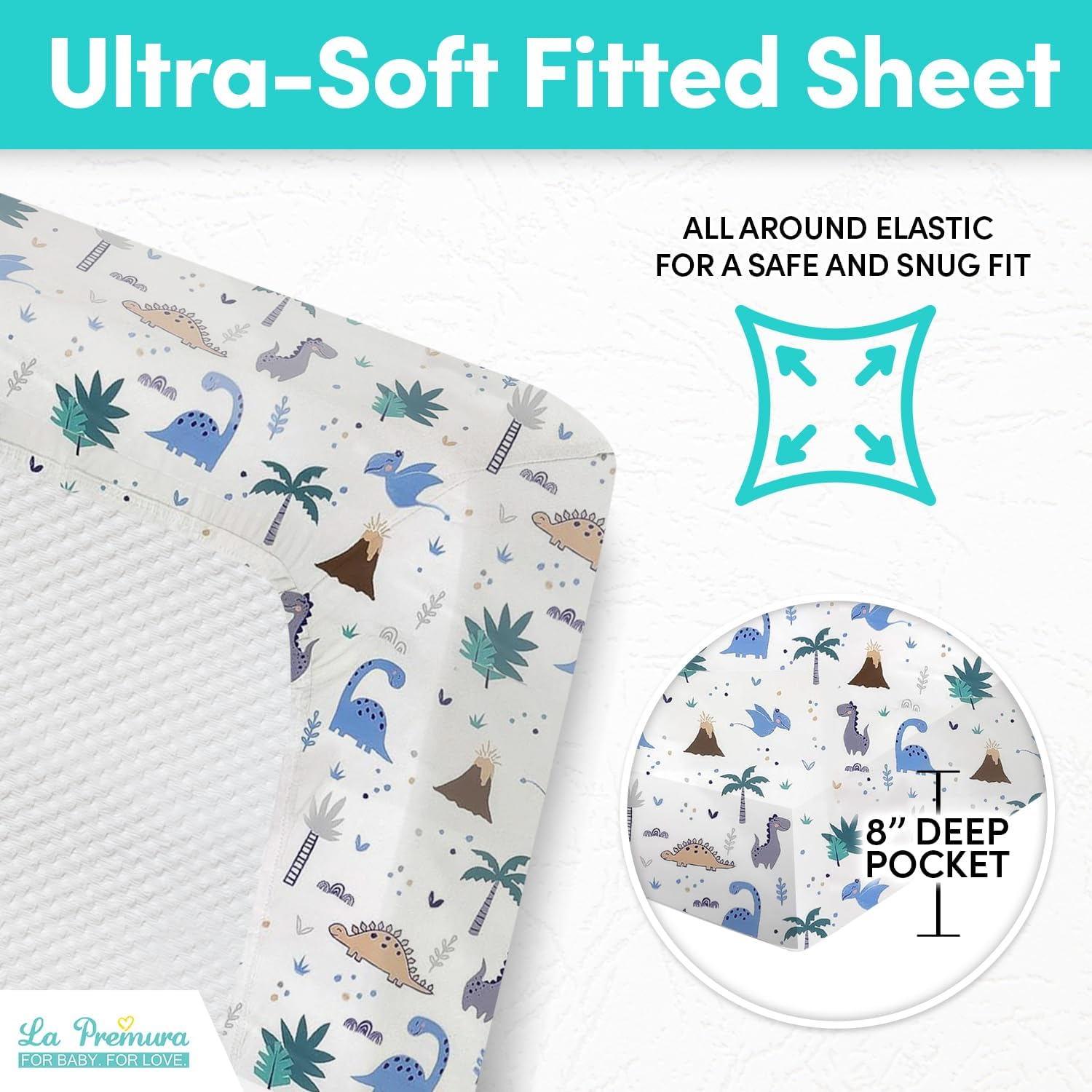 La Premura Dinosaur Baby Nursery Crib Bedding Set &ndash; Dinosaur 3 Piece Standard Size Crib Set, Grey/Blue - Unisex Nursey Bedding and Neutral Decor image number 4