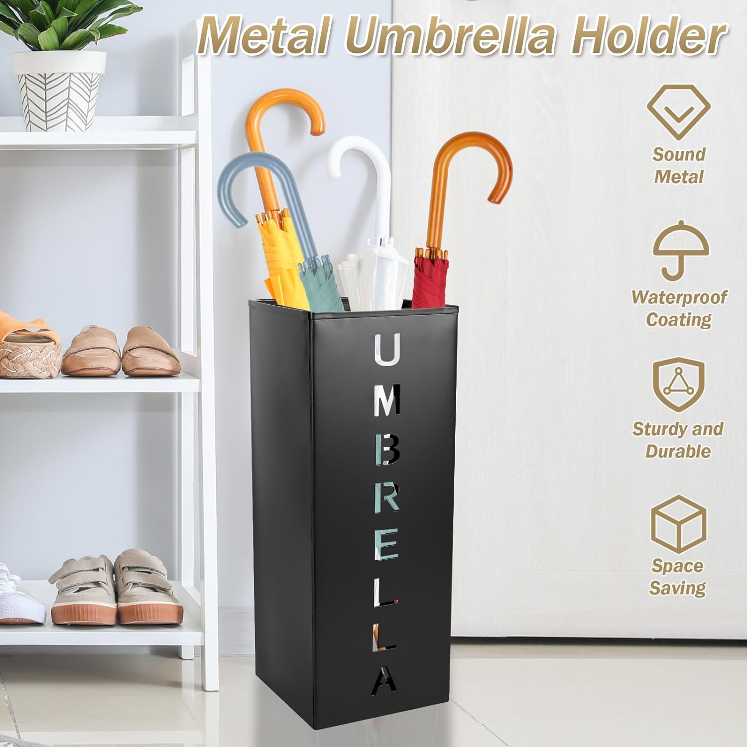 Metal Umbrella Stand, 16.5X6.3X6.3Inch Square Free Standing Umbrella Rack Decorative Umbrella Holder Bin Multipurpose Walking Sticks Holder for Umbrella Cane Entryway Home Office(Black) image number 3