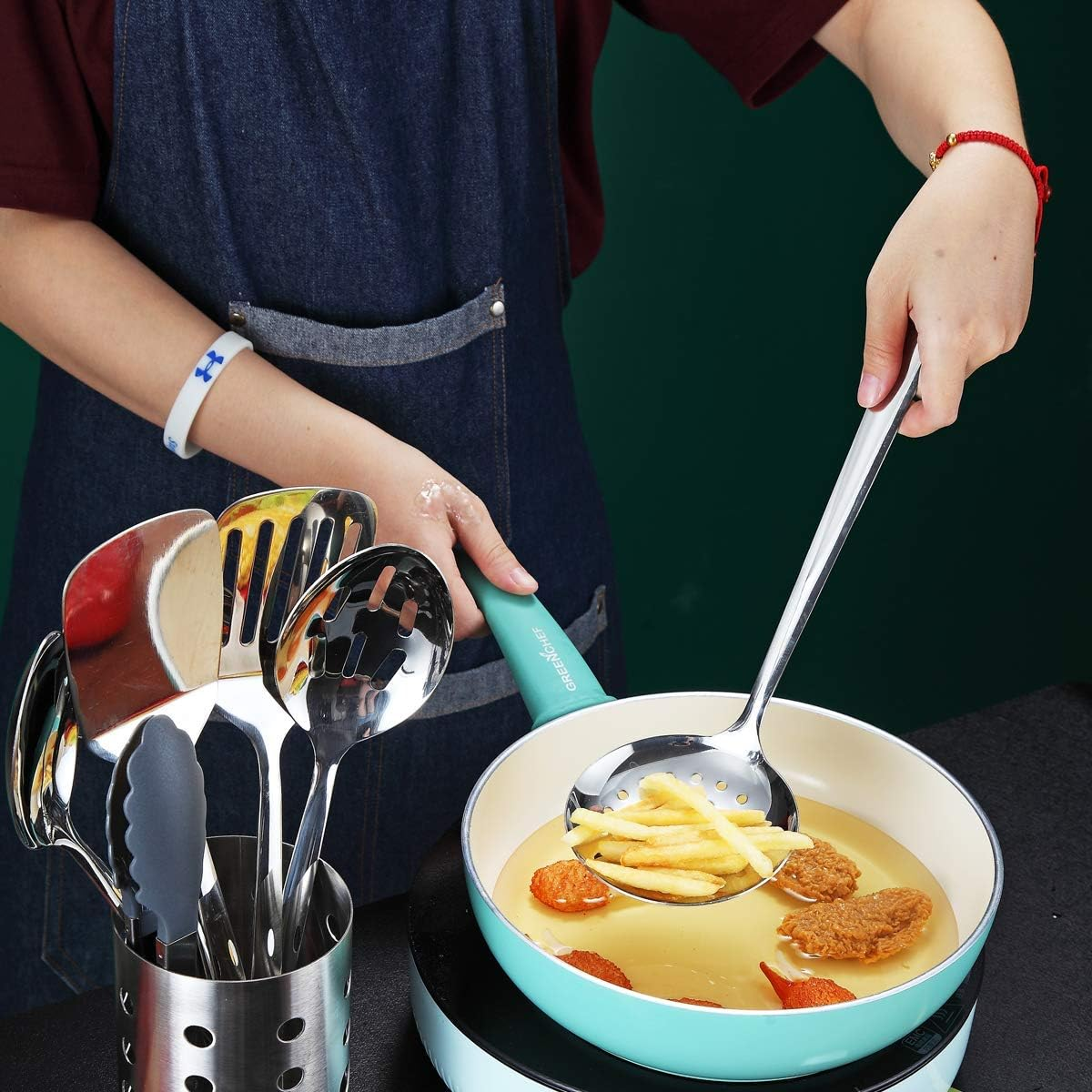 Stainless Steel Skimmer, Berglander Metal Strainer, Kitchen Skimmer for Non-Stick Cookware, Non-Stick and Heat Resistant, Dishwasher Safe, Easy to Clean image number 2