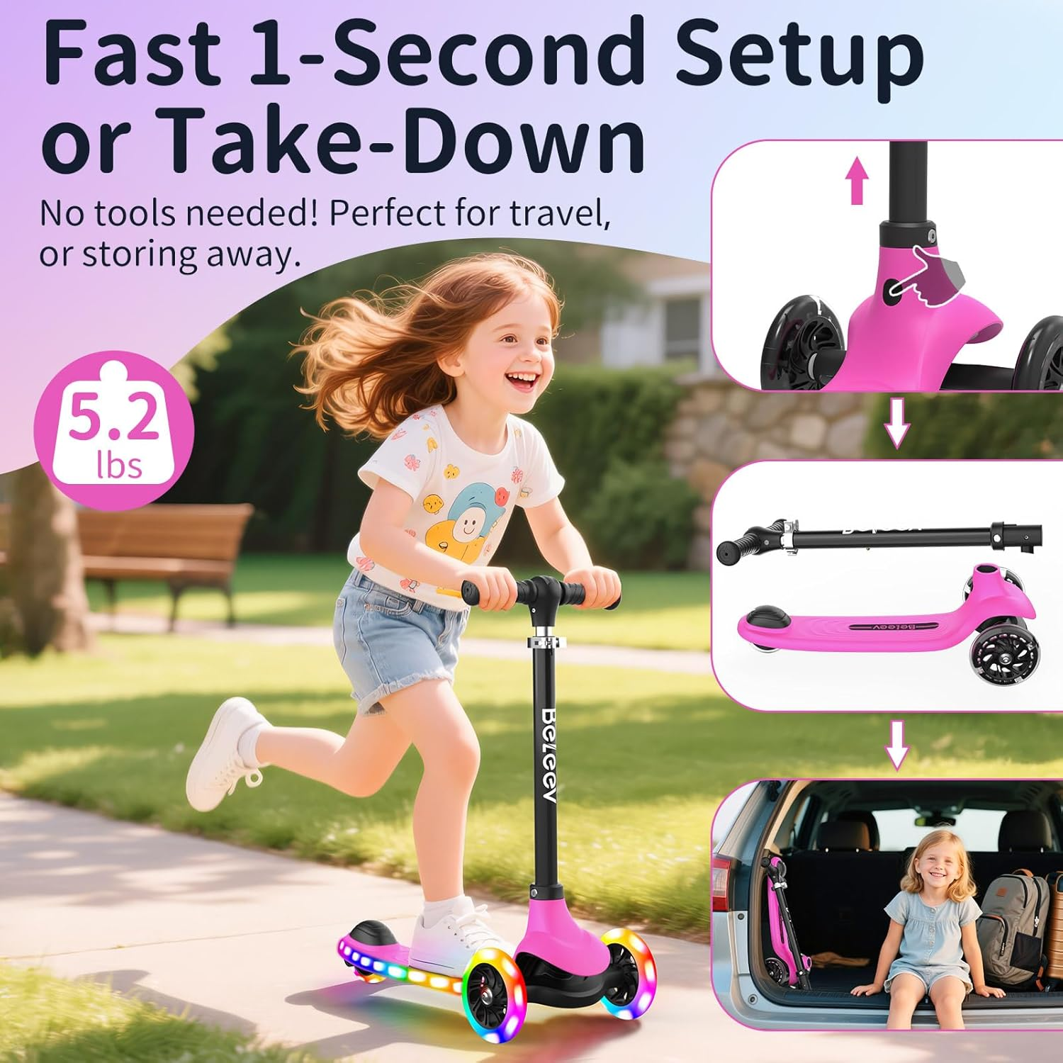 BELEEV A6 Kids Scooter with Light-Up Wheels & Deck, 3 Wheel Scooters for Girls Boys Ages 3-8, 4 Adjustable Height, Lean to Steer, Non-Slip Deck, Toddler Scooter for Children image number 6