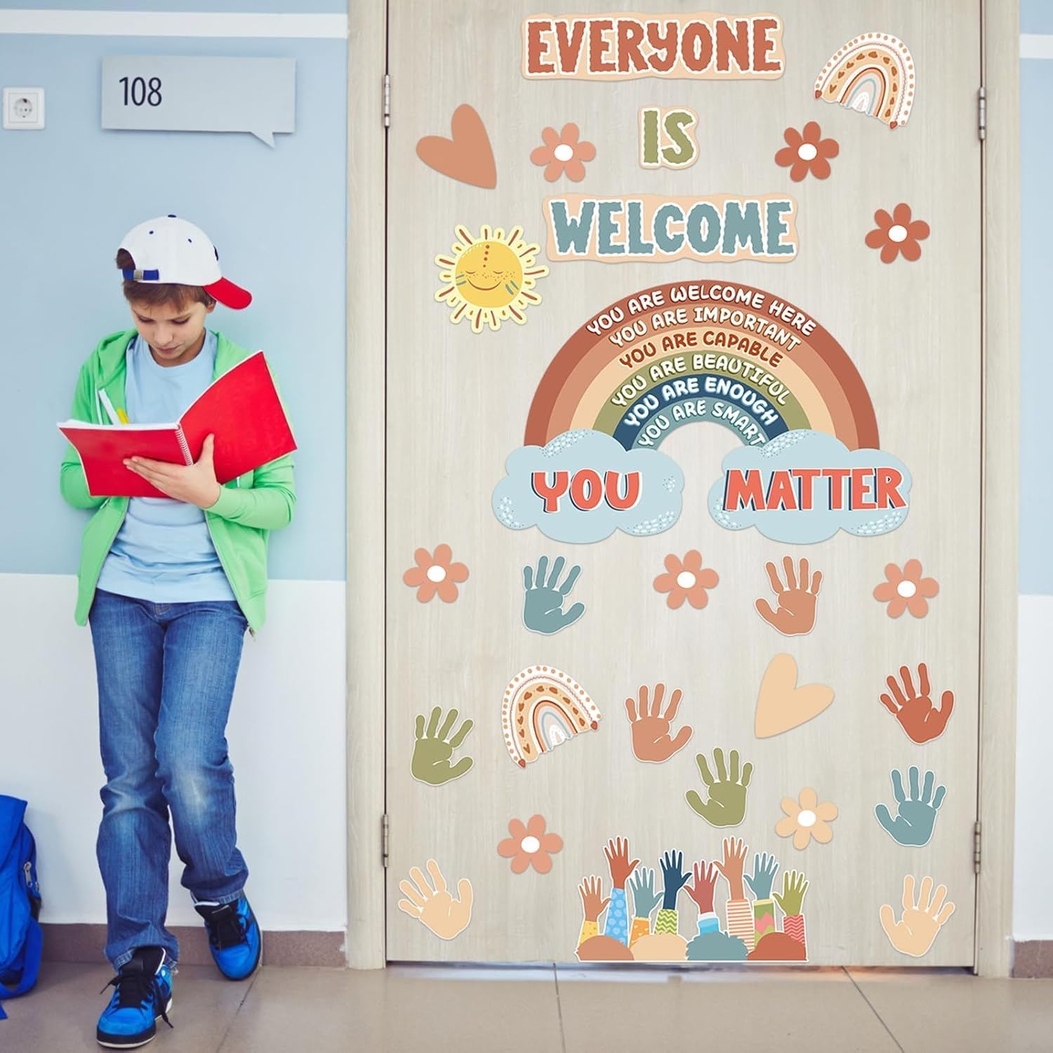 VABAMNA Boho Bulletin Board Decorations for Classroom, 35Pcs Everyone Is Welcome Classroom Positive Motivational Inspirational Affirmation Wall Decor Boho Rainbow Cutouts for Teacher School Supplies - Red image number 2