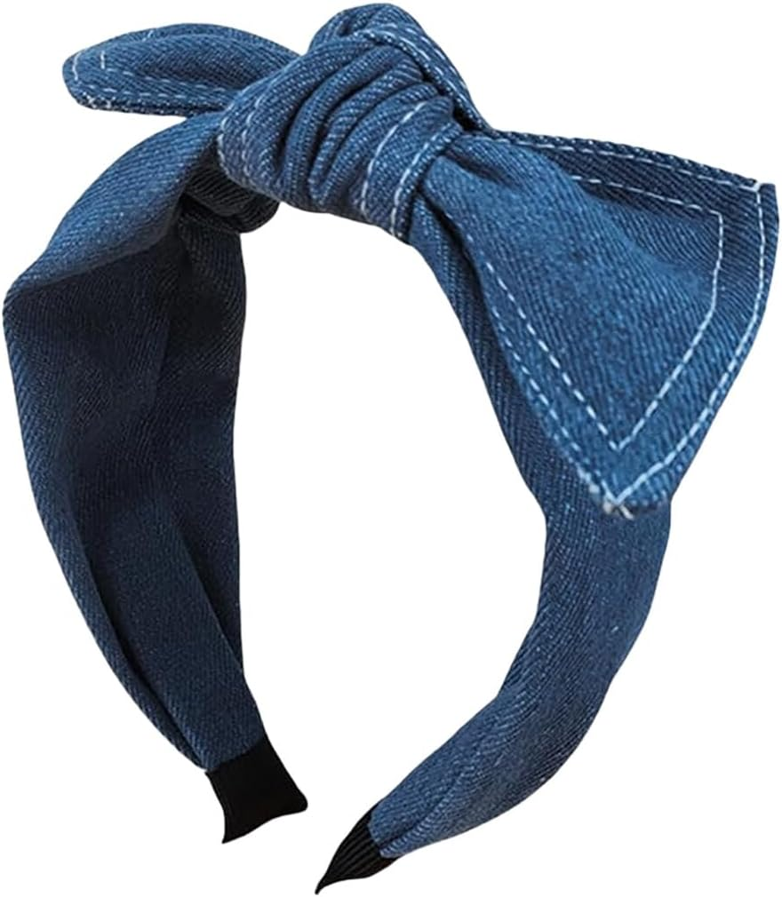 Blue Retro Denim Headband Non-Slip Stretchy Bow Knot Hair Band Wide Top Knotted Headwear Hair Accessory