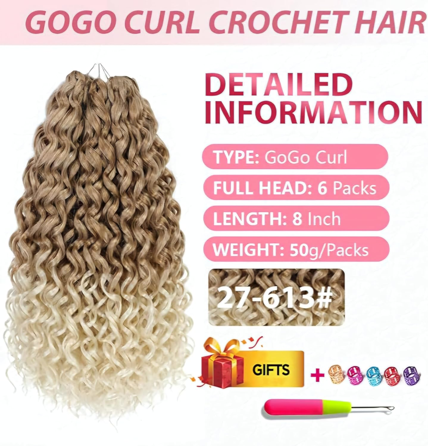 GOGO CURL 27/613, 8 Inches 20 Cm/Pack of 6 Extensions for Braiding Crochet/Per Piece 50 G 24 Strands = 144 Strands 300 G Premium Hair Look + Shower Cap, Jewellery and Hooks Free - 27/613 image number 2