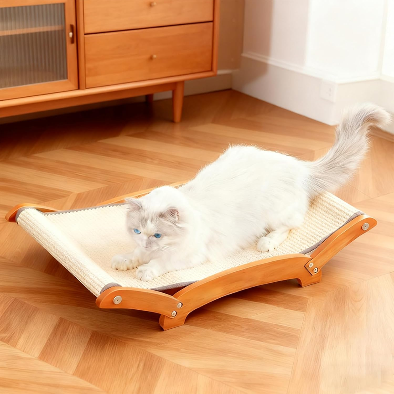 Extra Large Sisal Cat Scratcher Bed with Hammock, Durable Natural Sisal Scratch Pad and Post for Indoor Cats to Lounge Sleep and Scratch, Sturdy Solid Wood Frame Upgraded image number 6