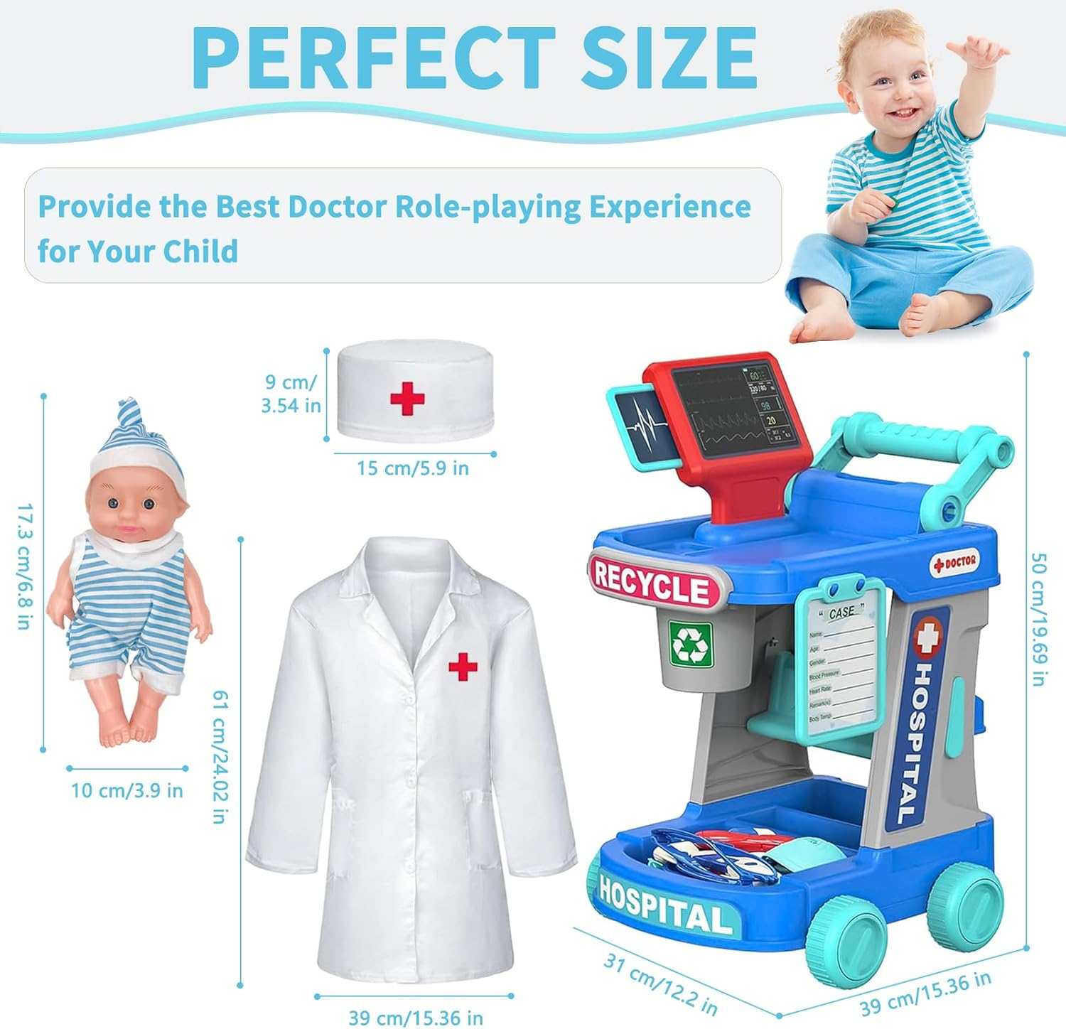 Doctor Play Sets for Kids with Medical Rolling Cart,Doctor Costume Stethoscope and Doll,Role Play Medical Toy for Kids Aged 3 4 5 image number 3