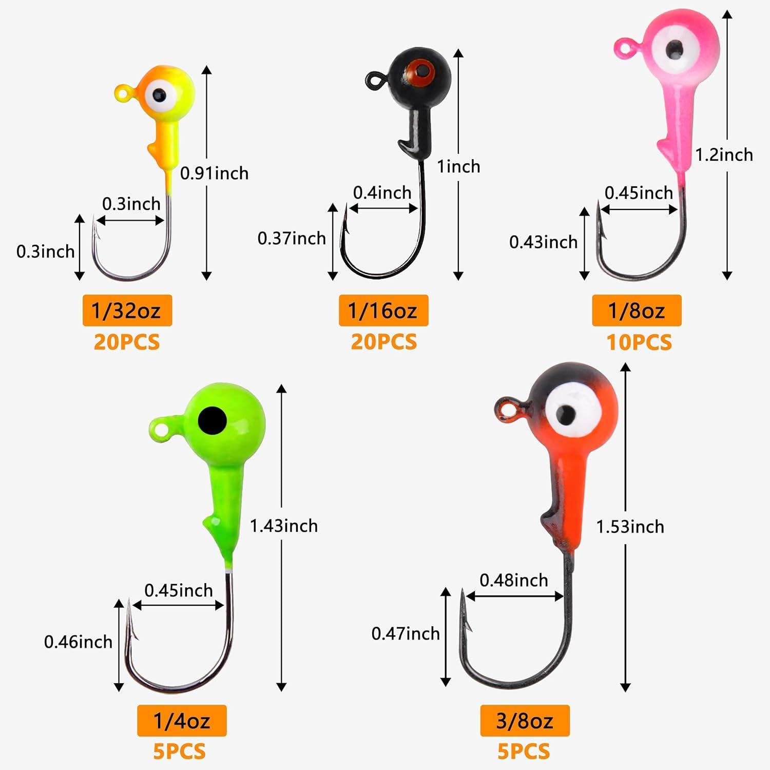 Fishing Jig Head Hooks Set, 60Pcs Fishing Lures Jig Head Bait Assorted round Head Jig Hooks for Soft Worm Shrimp Lures Freshwater Saltwater Fishing Tackle Kit image number 3