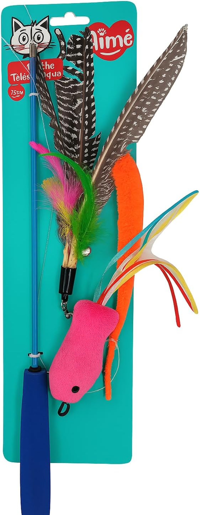 Aim&eacute; Kawaii Retractable Cat Toy Fishing Rod - Cat Game - Colorful, Crisp and Fun - Stimulates Movement and Noise - with Interchangeable Lures and Telescopic Handle image number 2