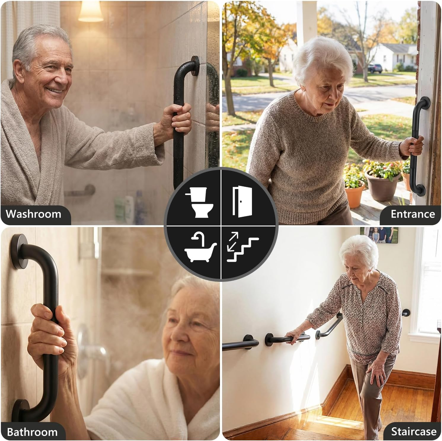 2 Pack Shower Grab Bars for Bathroom 16 Inch Black Stainless Steel Anti-Slip Knurled Grip Home Care Bath Handrail Safety Hand Rail Support for Showers Seniors Elderly Assist Handicap Bath Handle image number 6