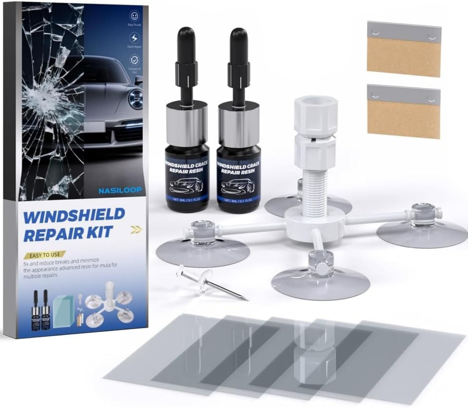 Windshield Repair Kit, Quick and Efficiency Glass Repair Fluid, Car Windshield Crack Repair Resin Kit for Fixing Chips, Bulls-Eye, Cracks and Star-Shape Cack-2 Pack