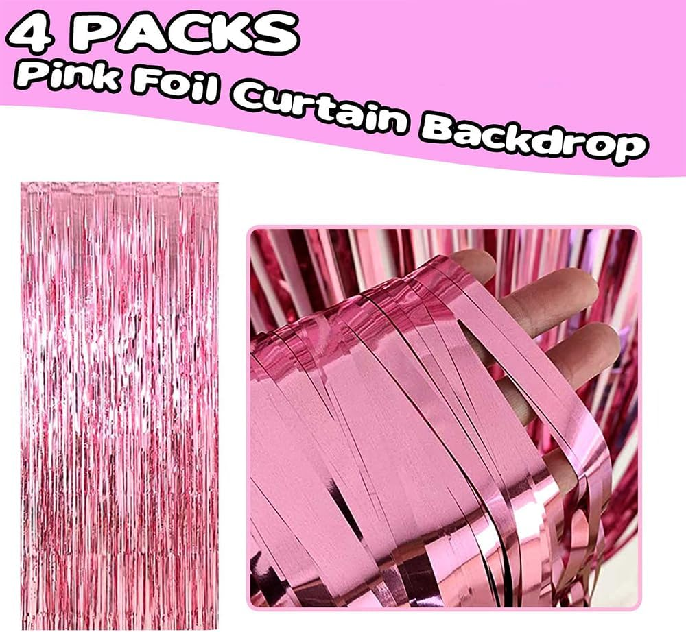 4 Pack Pink Foil Fringe Curtain Backdrop,1 * 2Meter Metallic Tinsel Foil Fringe Streamers Curtains for Birthday St Patrick'S Day Football Christmas Party Decorations image number 5