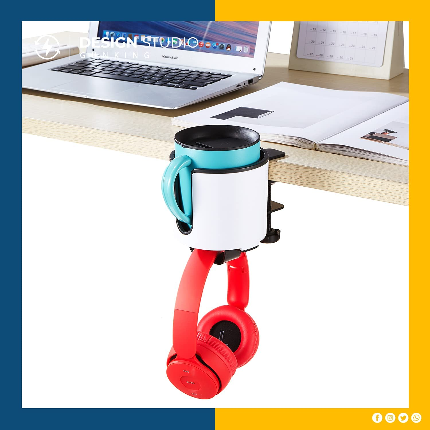 Luxury 2-In-1 Anti-Spill Desk Cup Holder with under Desk Headphone Hanger Drink Holder (White)