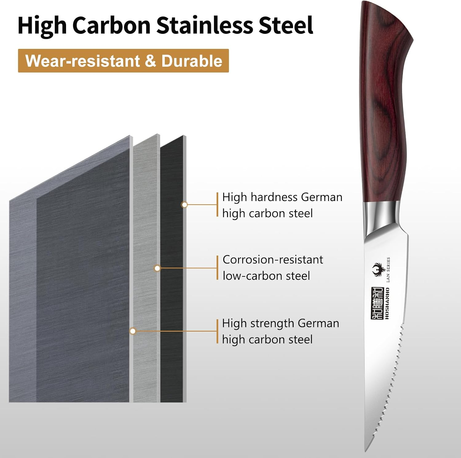 HOSHANHO Meat Knives Set 8 Pieces, Table Serrated Knives 11.2 Cm, Professional Steak Knives High Carbon Stainless Steel Steak Knife with Ergonomic Wooden Handle image number 4