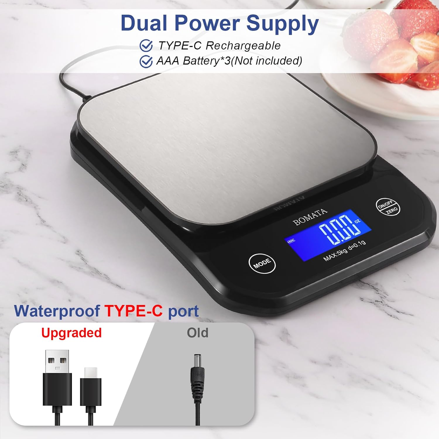 BOMATA Waterproof Kitchen Scale, 0.1G/0.01Oz High Precision, 5Kg/11Lb, Washable, USB Rechargeable, Digital Scale for Food,Cooking, Baking, Weight Loss image number 5