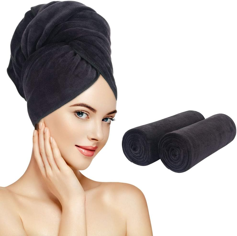 Sunland Microfiber Hair Towels anti Frizz Hair Drying Towel Super Absorbent Fast Drying Turbans for Wet Curly Hair Soft Hair Towel Wrap with Elastic Band for All Hair Types 40 X 20 Inches 2Pack Black