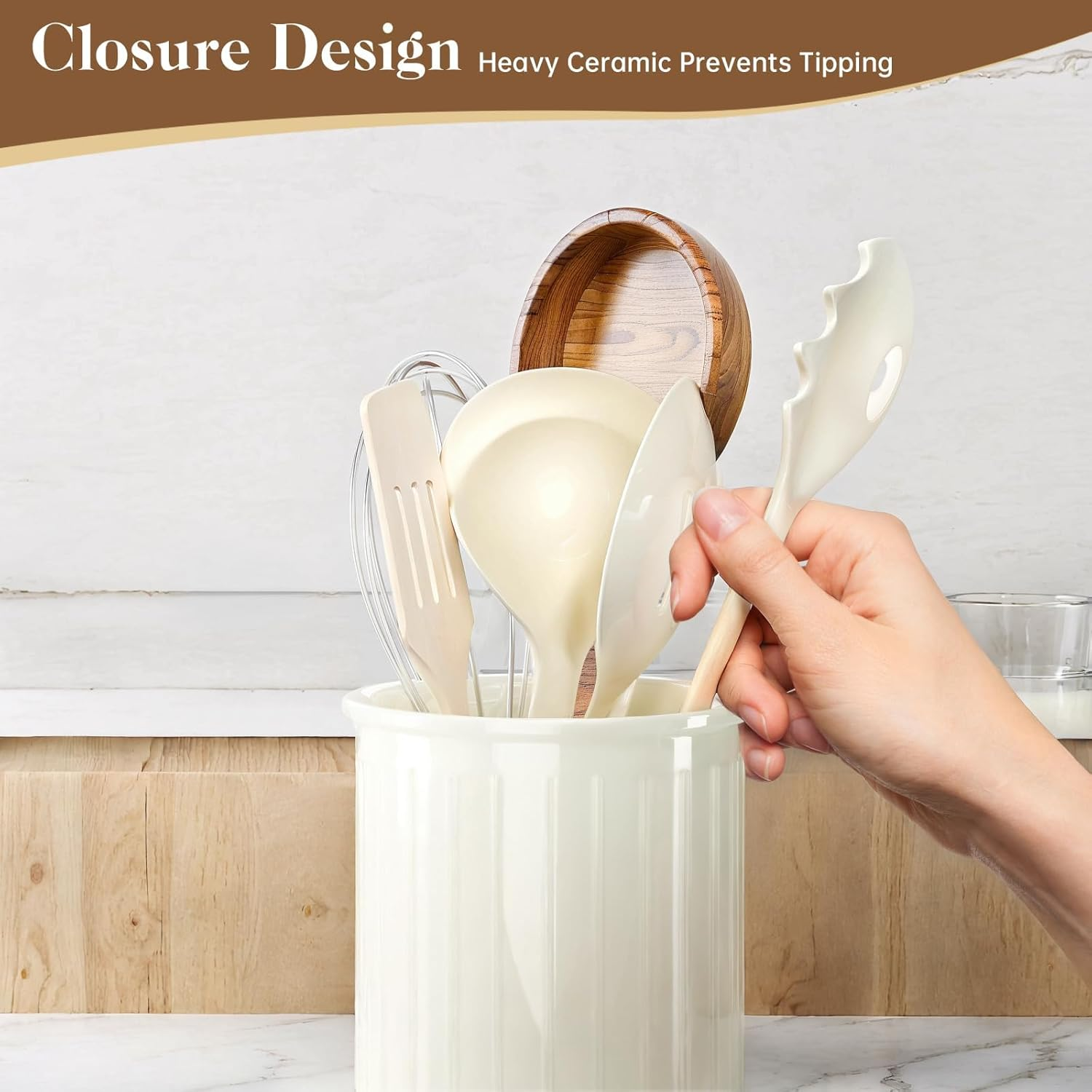 Ceramic Cutlery Holder for Kitchen, Utensil Holder Ceramic, Relief Utensil Pot, Worktop Storage, Cutlery Holder, for Kitchen Counter Storage, Glossy Glaze, White, 5.3 X 4.3 Inches image number 6