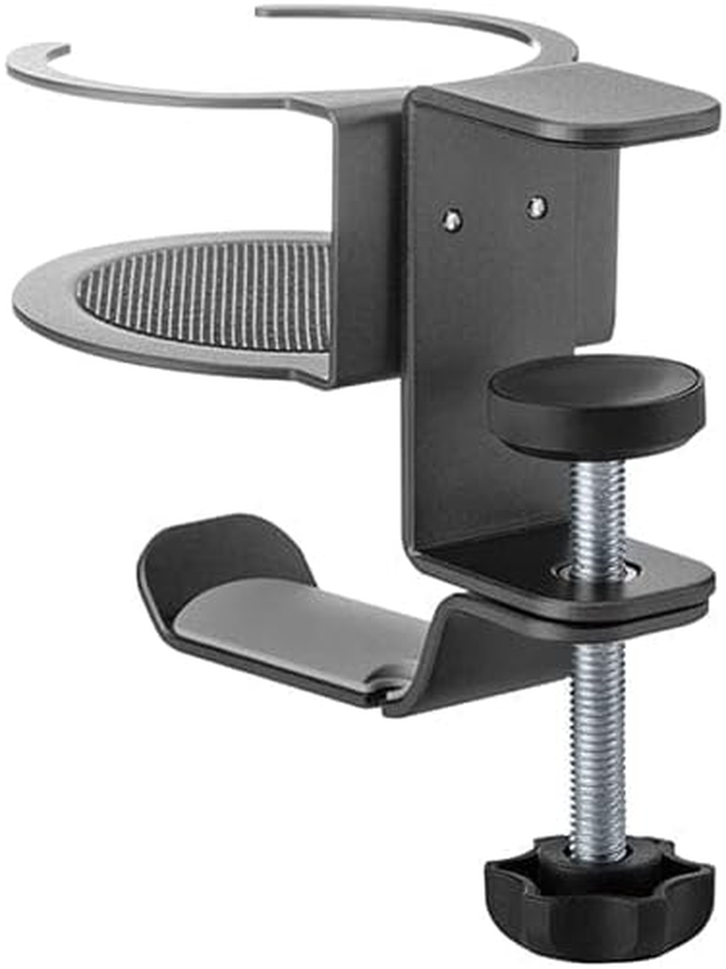 Desky Desk Drink & Headphone Holder &ndash; Clamp-On Dual Cup Holder with Headset Hanger, under Desk Mount, Space-Saving Steel Organizer for Gaming & Office Setup - Space Grey image number 3