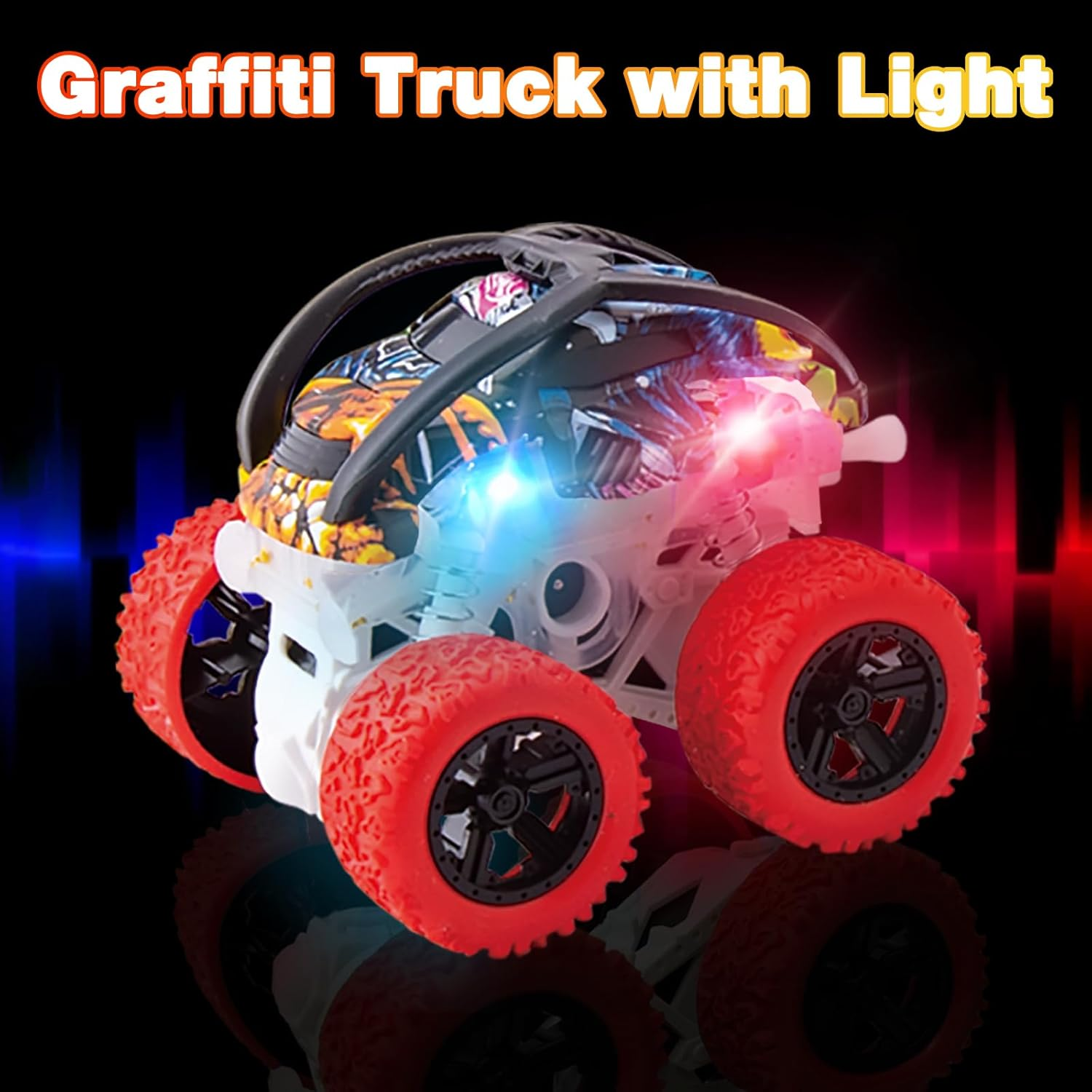 Car Toys for 2 3 4 5 6 Year Old Boys,2 Pack Monster Truck Toy with Lights,4Wd Push and Go Inertia Cars,360&deg;Rotation Pull Back Vehicle,Cool Toys for Kids Age 2-6 Christmas Birthday Party Gift image number 2