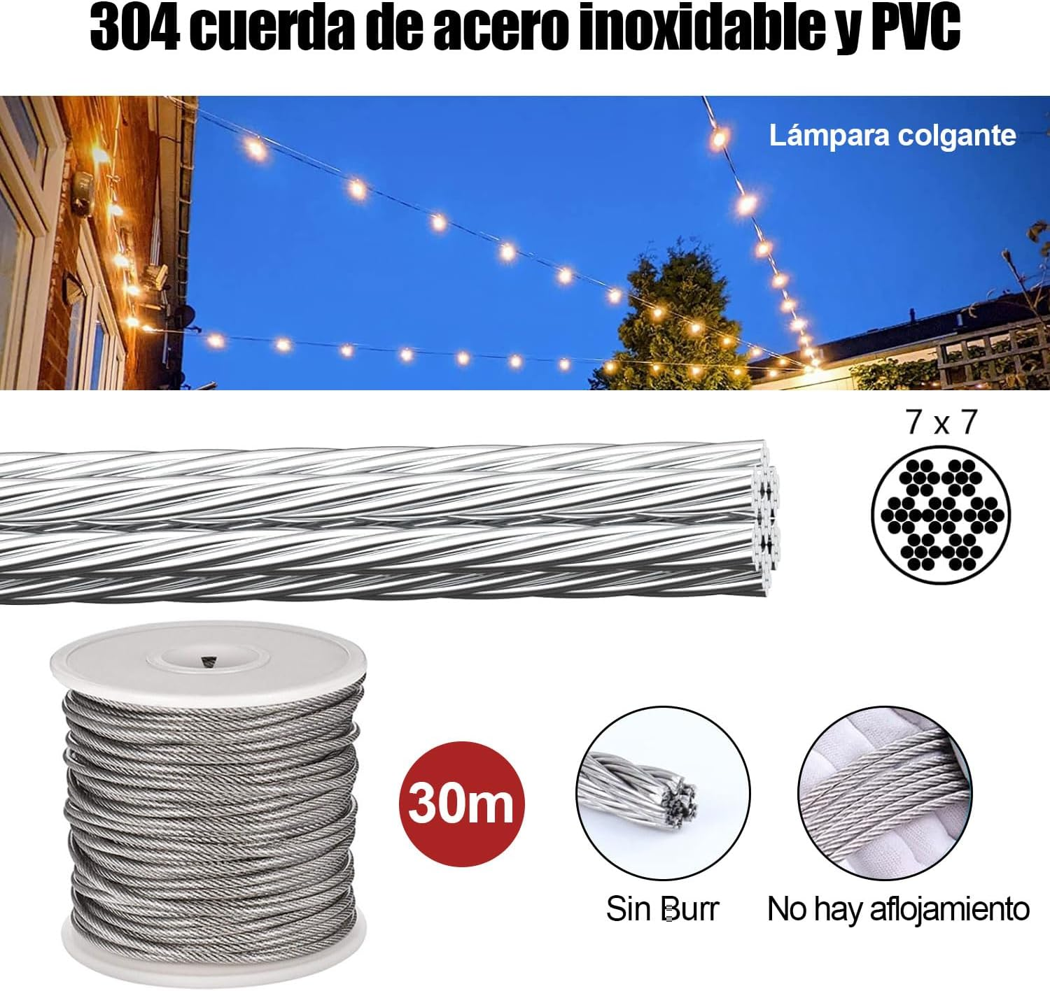 30M Wire Rope Kit, Stainless Steel Wire Rope 304, M5 Screw Clip Kit. Marine Grade Cable Railing Kit, Aircraft Wire Rope and Picture Suspension Kits. for Gardens, Kitchens, Railings, Decks, Crafts image number 2