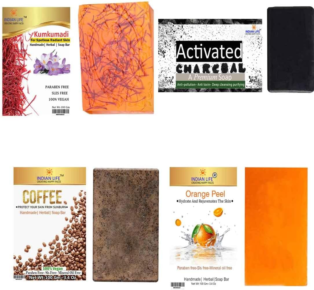Indianlife&reg; Handmade Bathing Glowing Soap Bar -Tan Removal -Sun Protection - anti Pollution-Skin Lightening Pack of 4 Kumkumadi | Charcoal | Coffee | Orange Peel | 100 Gm Each image number 2