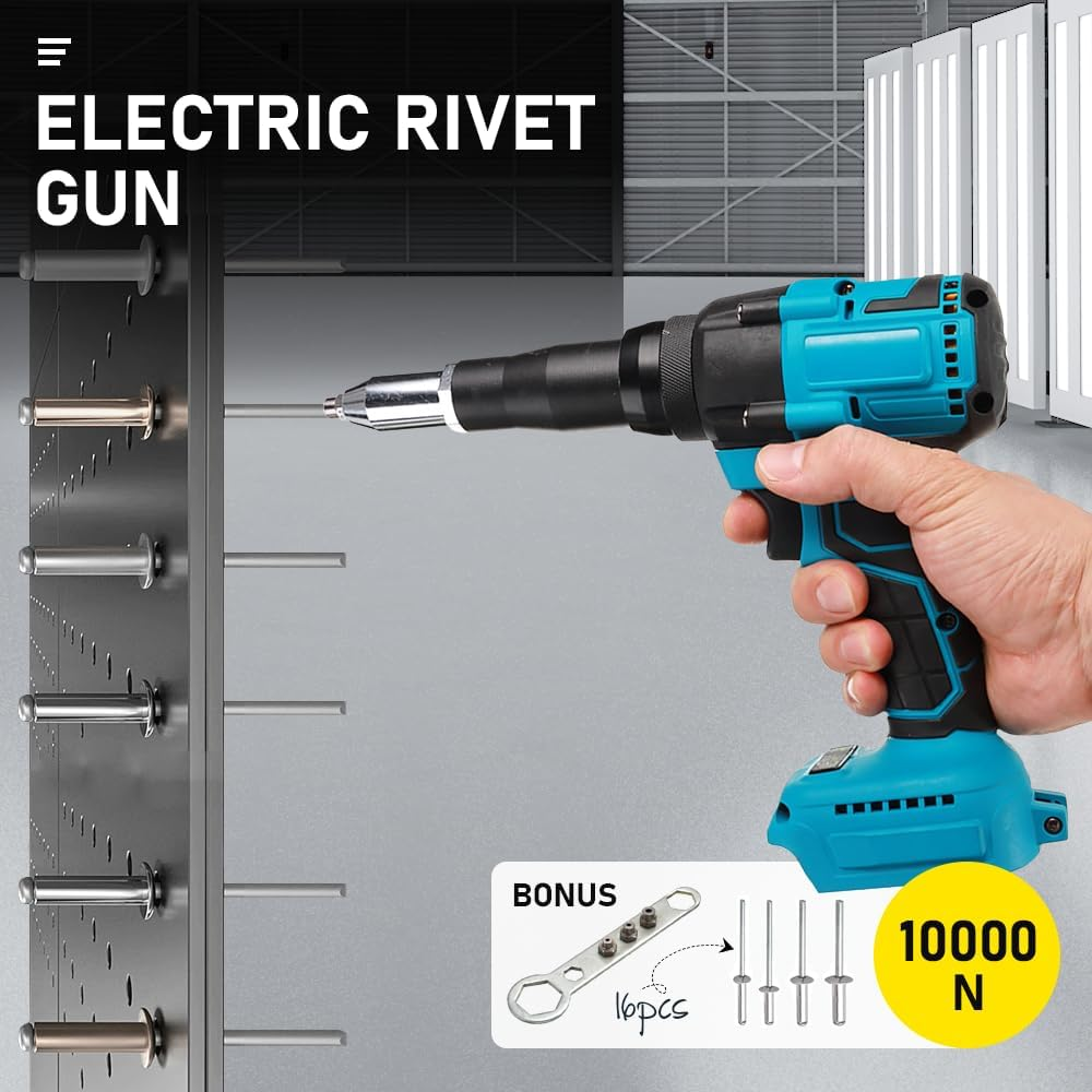 Electric Rivet Gun Brushless Electric Rivet Nut Gun Cordless Rivet Gun with Wrench, Automatic Blind Riveter Tool Electric Blind Riveter Tool Kit, Compatible for Makita Battery 18V image number 2