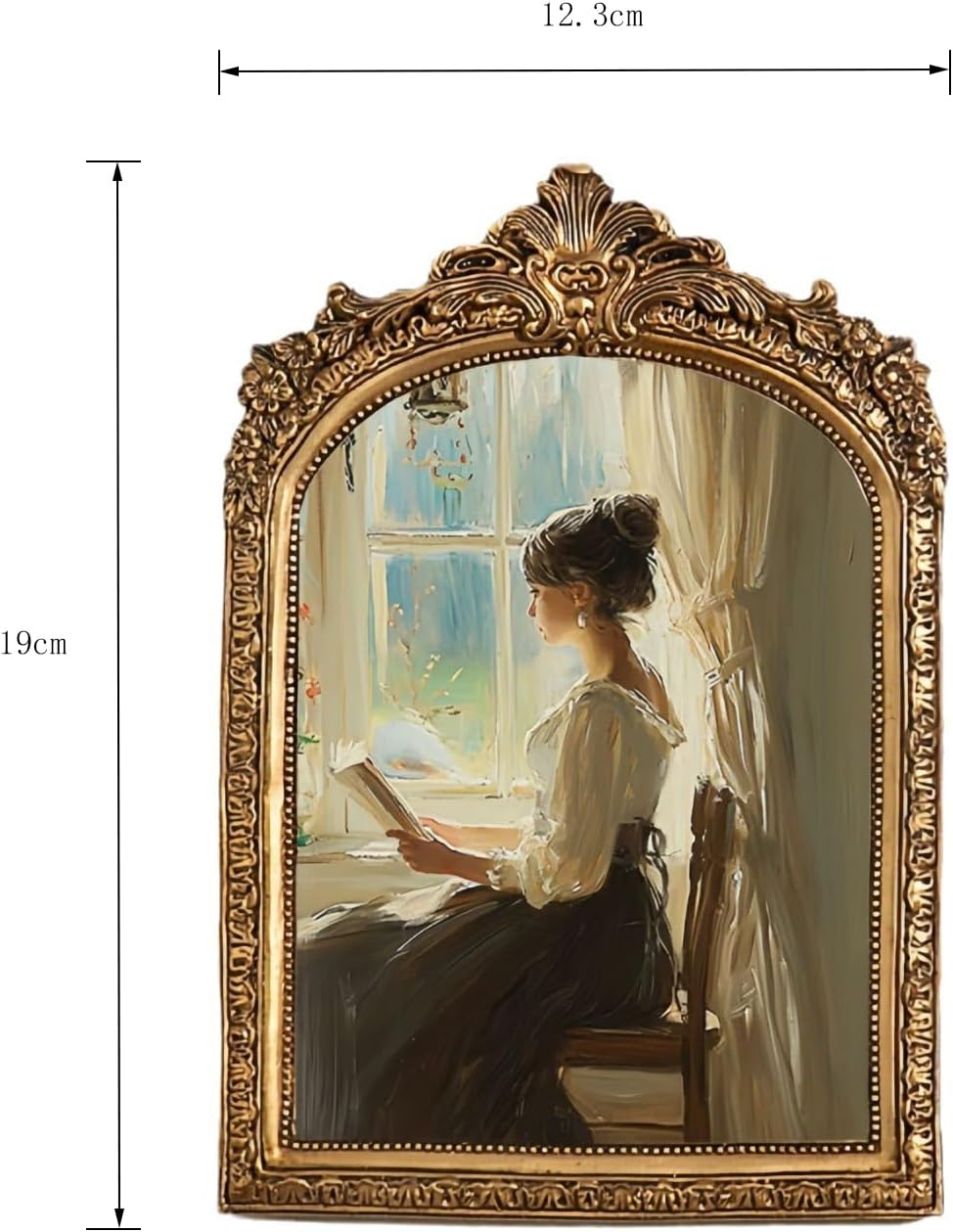 Small Gold Vintage Vanity Desk Makeup Mirror, Antique Decorative Wall Mirror, (12 X 19Cm) Resin Carved Arch Table Mirror with Stand for Living Room,Bedroom Dresser,Desktop Decor image number 4