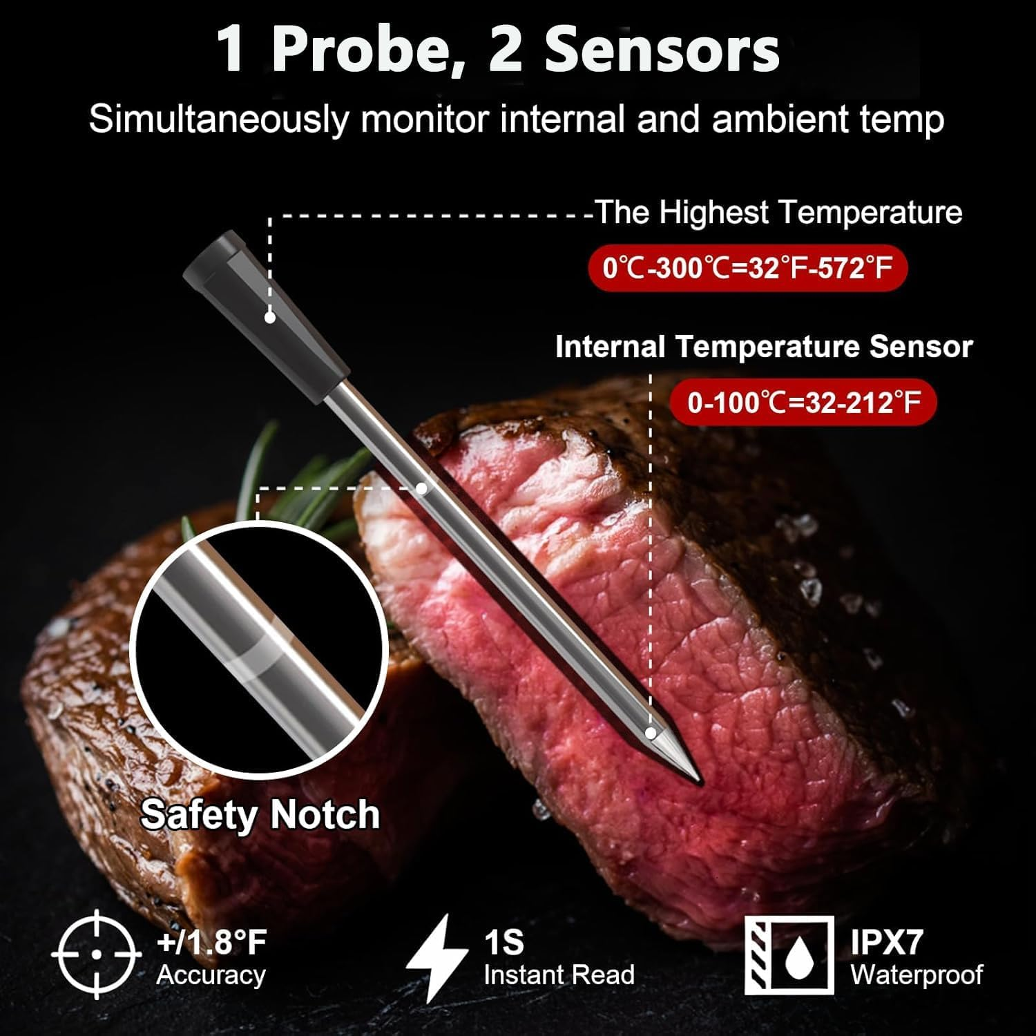 Wireless Meat Thermometer, 360FT Wireless Range Bluetooth Meat Thermometer with Accurate and Fast Readings, Smart Cooking Thermometer for BBQ Kitchen Smoker Rotisserie Grill image number 1