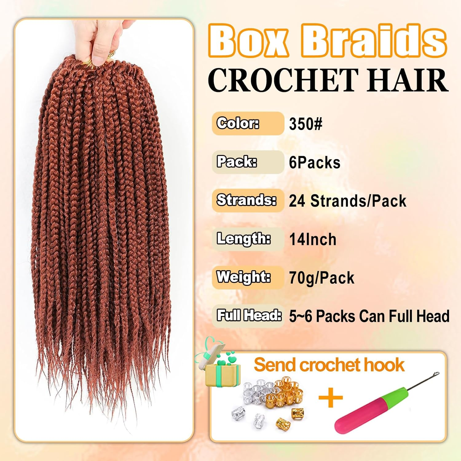 AMLUCKS Box Braids Crochet Hair 6 Packs Pre Looped Knotless Medium 3X Braids Goddess Box Braids Crochet Hair Extensions for Black Women Braiding Hair (350#, 14Inch) image number 4