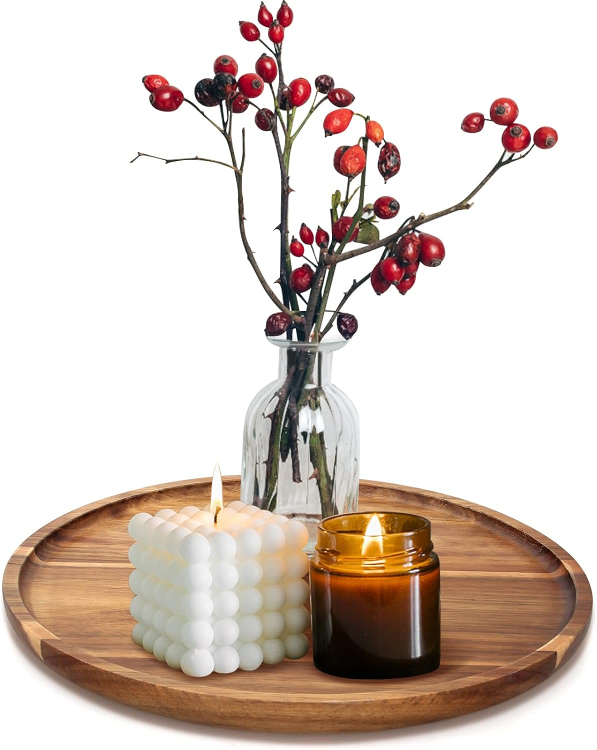 Rustic Decorative Wooden Serving Tray Home Decor round Ottoman Coffee Table Trays Farmhouse Living Room Dinner Table Centerpiece Accessories Wood Candle Holder Tray for Kitchen Counter Bathroom Vanity