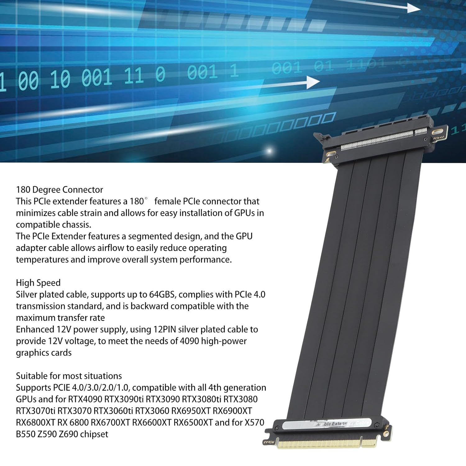 Fafeicy Pcie Riser Cable, Pcie 4.0 X16 Extension Cable Silver Plated 180 Degree 12V Power Supply Segmented Design for RTX3090 for X570 Chipsets (300Mm) image number 1