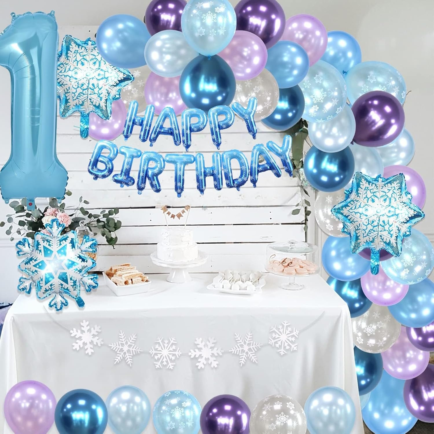 Huge Snow Birthday Decor Kit, Winter Wonderland Party Decorations with Snowflake Balloon Garland Arch HBD Banner, Number 40" Foil Balloon for Baby Girls Decorations (1) - 1 image number 2