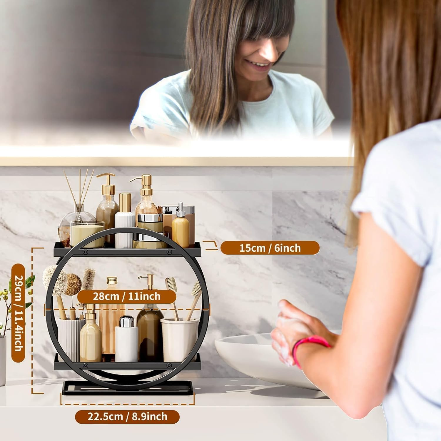 METOY Makeup Organizer and Storage, Black Perfume Organizer for Bathroom Organizer Vanity Skincare Organizers, 2 Tier Cosmetic Display Tray for Bathroom Counter Organizer, Make up Storage (Black) - Black image number 4