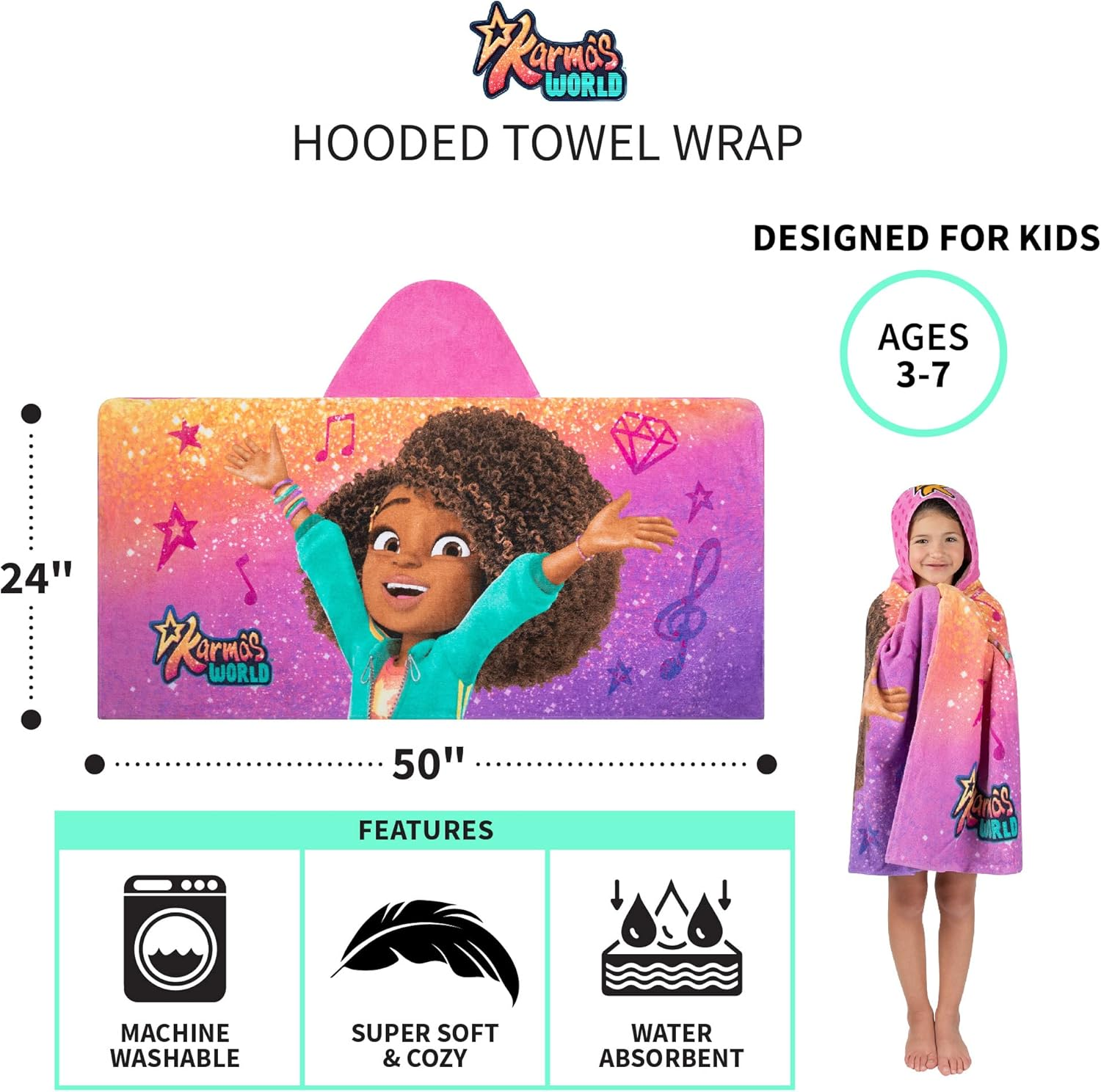 Karma'S World Kids Bath/Pool/Beach Soft Cotton Terry Hooded Towel Wrap, 24 in X 50 In, by Franco image number 6