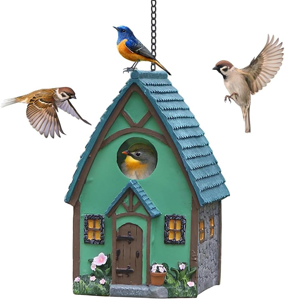 Outdoor Birdhouse, Hanging Natural Bird Nest, Resting Place, Resin Colorful Bird Nest Box with Hanging Chain, for Outdoor Garden Backyard Decoration, Birdhouse for Wrens, Finches, Cardinals image number 2