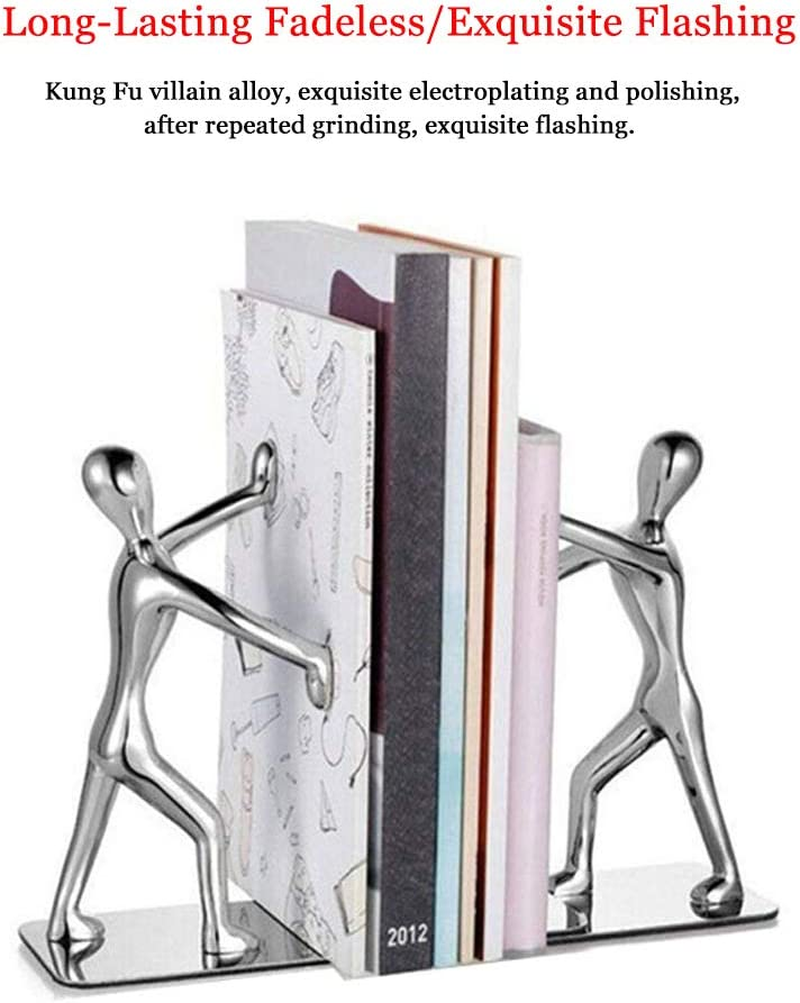 Merrynine Heavy Duty Bookends, 2 Pack Stainless Steel Kung Fu Man Book End, Creative Metal Book Shield for Home Office Library Decoration,Fashion Gift image number 4