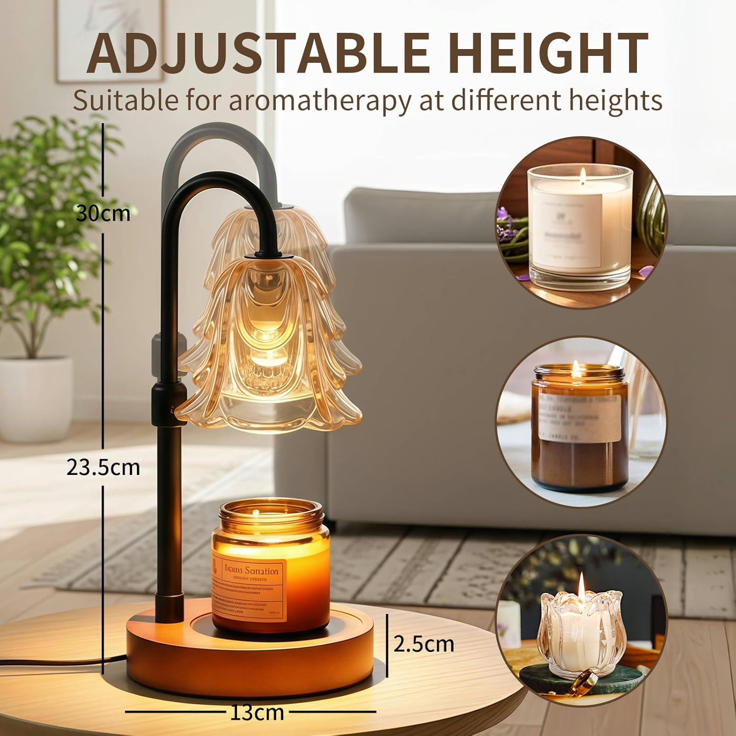 Candle Warmer Lamp with Timer and Dimmer, Adjustable Height Vintage Wax Warmer - Halogen Bulb, Retro Wood Base & Glass Shade, Elegant Table Lamp for Home Bedroom Office Decor image number 2