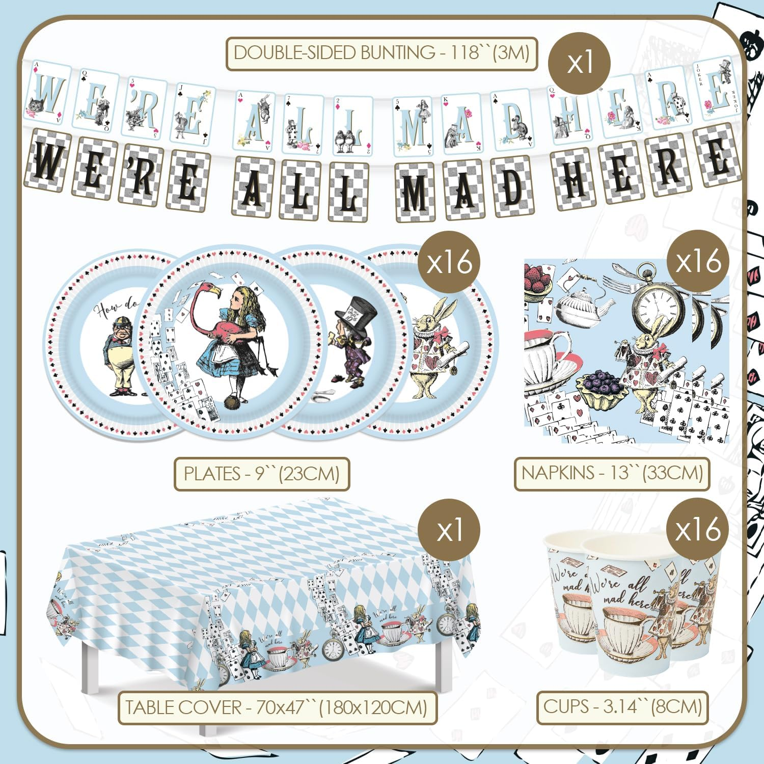 Talking Tables Alice in Wonderland Party Decorations & Tableware for 16 Guests | Mad Hatter Double Sided Bunting ,Paper Plates, Napkins, Cups, Table Cover for Birthday, Afternoon Tea Baby Shower, By image number 6