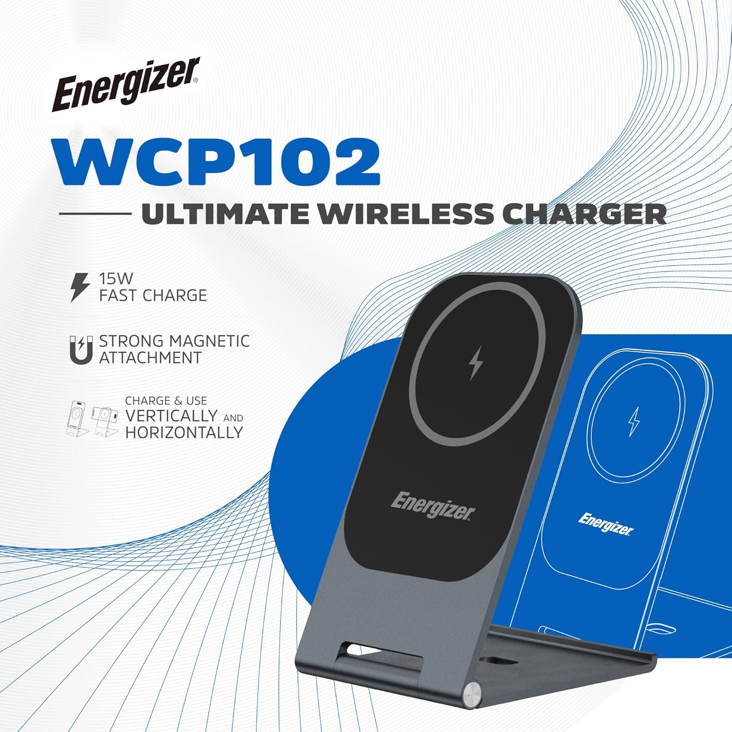 Energizer WCP102 Ultra Thin Wireless Charging Stand for Wireless Chargers, Magsafe, 15W Max, 3Mm, 180 Degree Adjustment, Aluminium Alloy image number 1