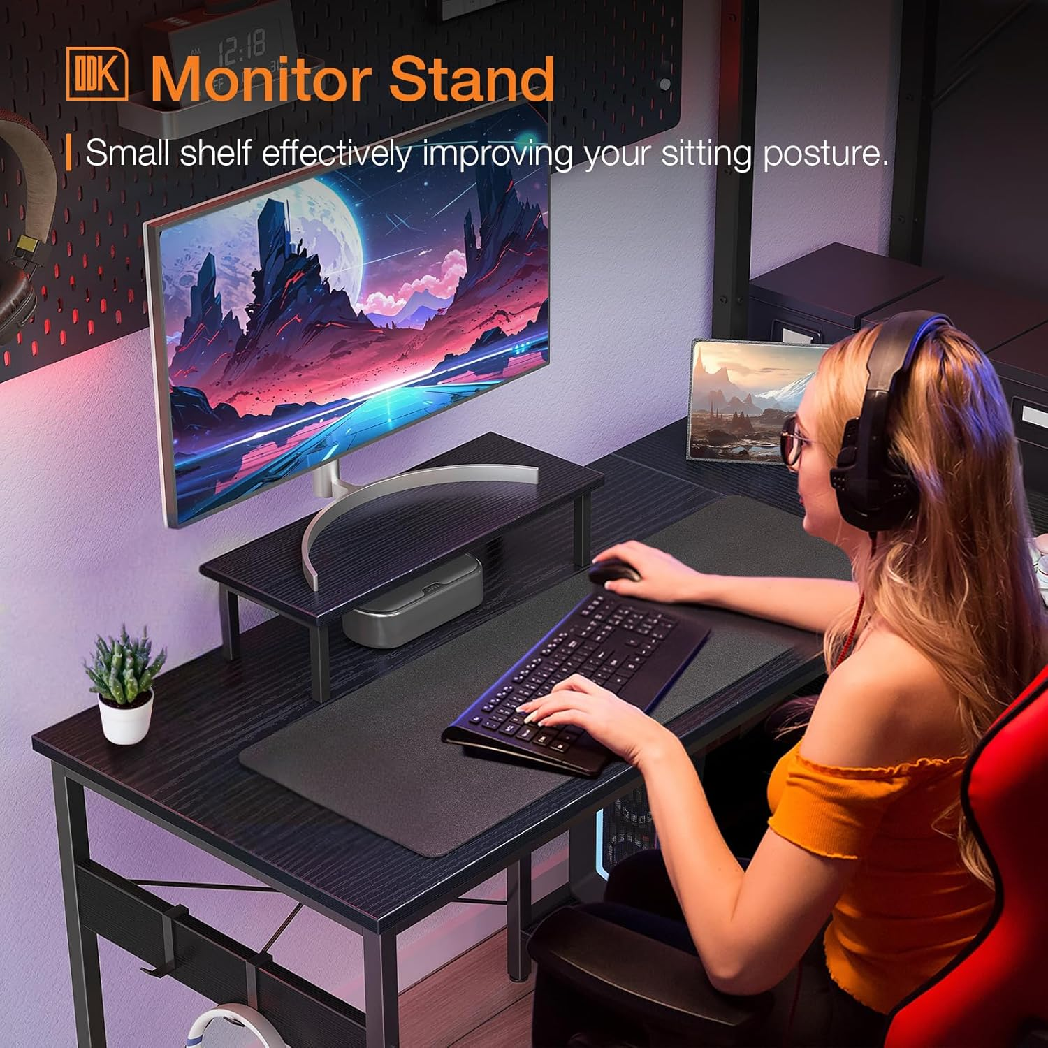 ODK L Shaped Computer Desk with Reversible Storage Shelves, 118 * 80 * 86.4Cm, Corner Desk with Monitor Stand&Headphone Hook, Home Office Desk, Modern Simple Writing Table, Black image number 1