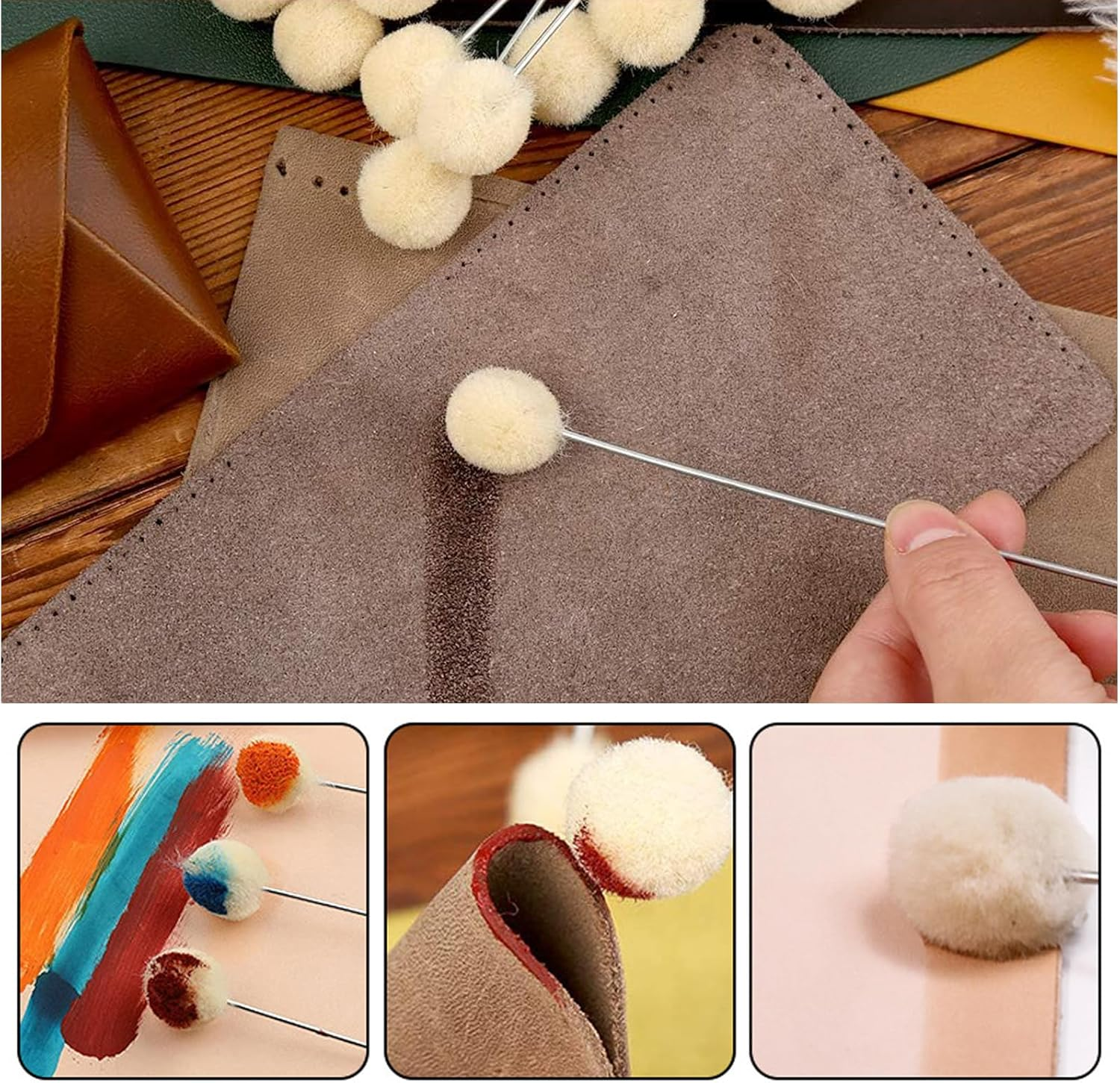 100Pcs Wool Daubers Ball Brush Leather Dye Dauber Dyeing Applicator with Metal Handle for DIY Crafts Projects (100) image number 2
