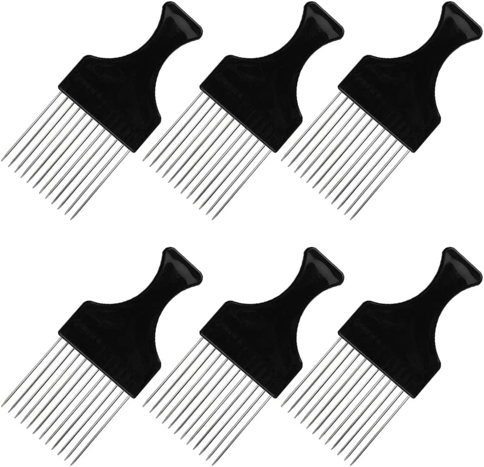 6 Packs Afro Comb Metal Pick Comb, Sourceton Afro Braid Pick Hairdressing Detangle Wig Braid Hair Styling Comb Styling Tool- Black image number 6