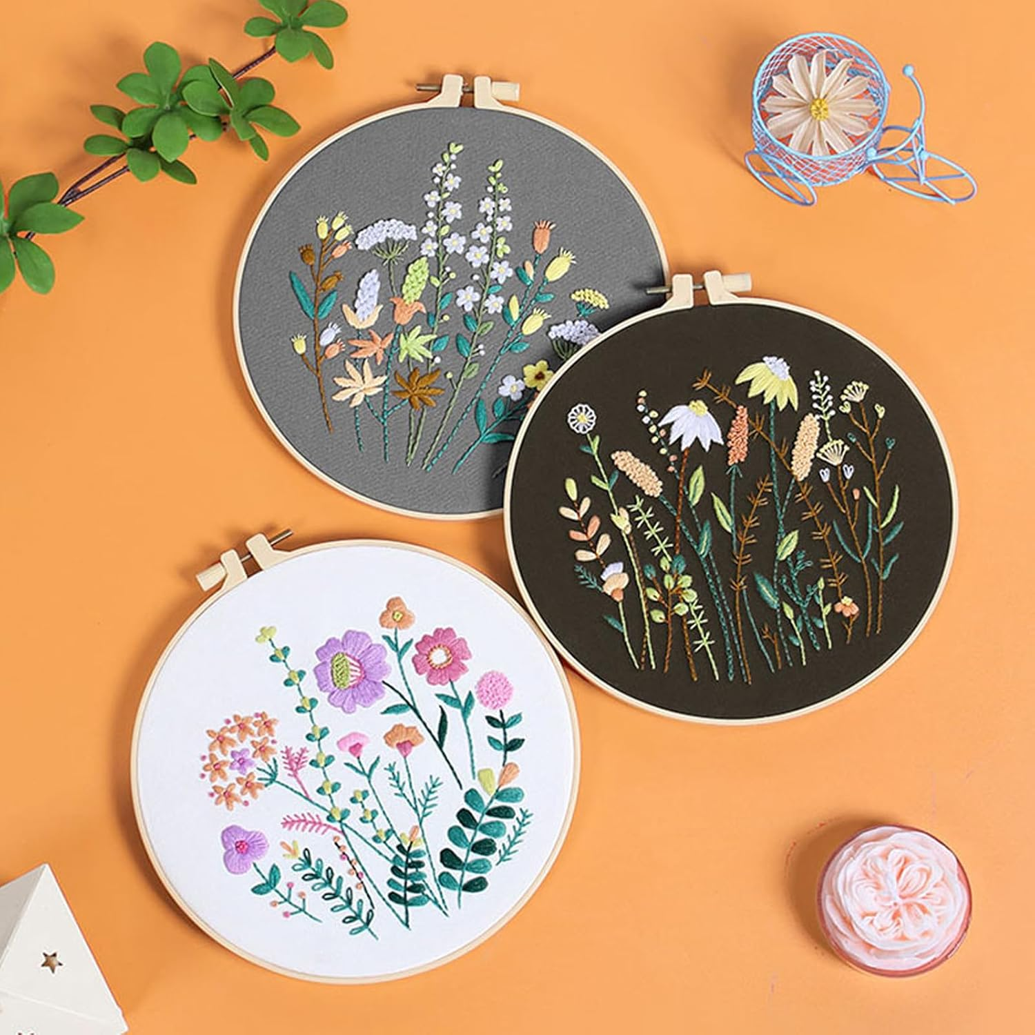 REGODI 3 Sets Embroidery Stitches Practice Kit for Beginners with Patterns Cloth Hoops Threads image number 3